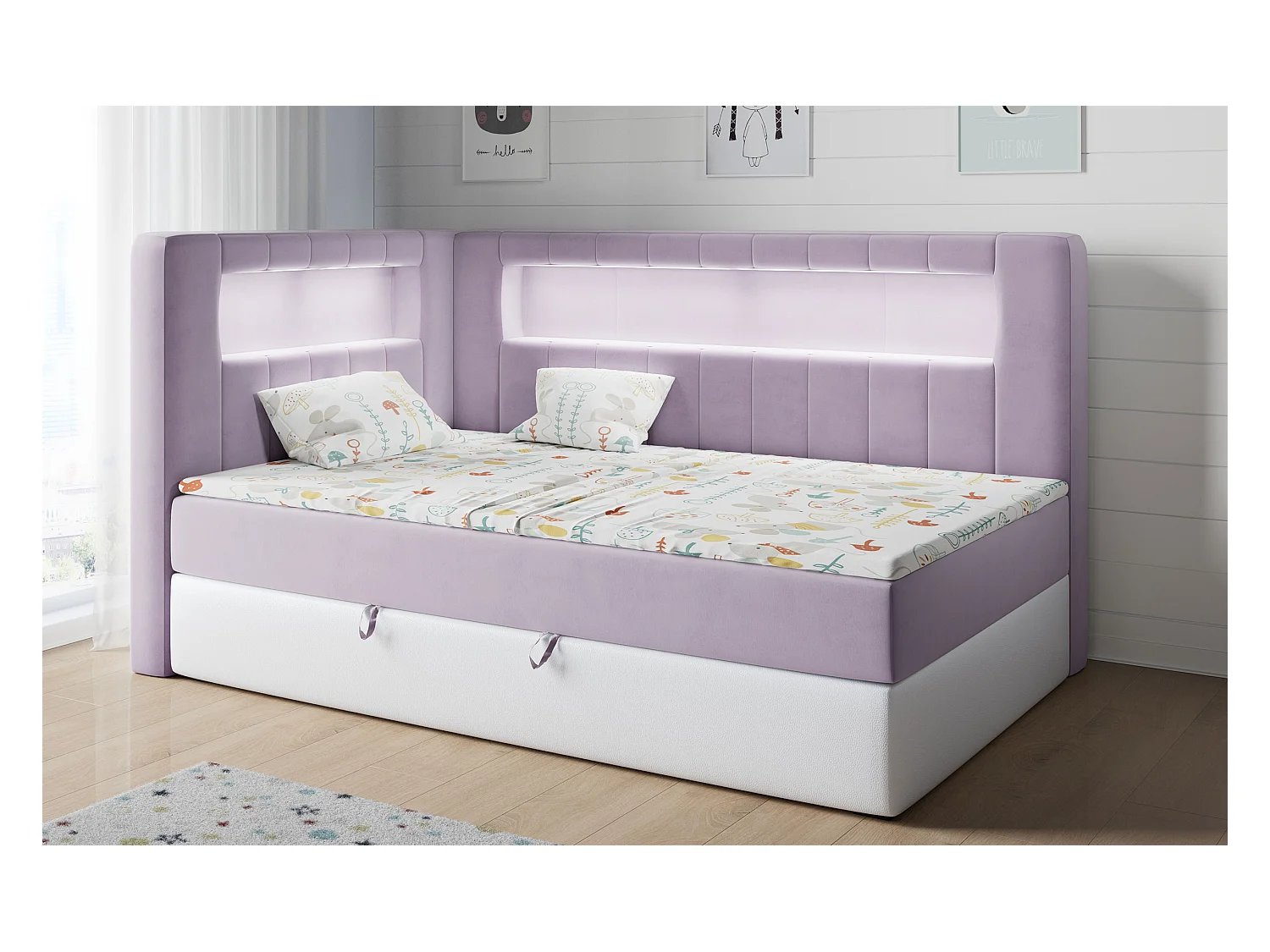 Kinderbett JUNIOR GOLD 3 - Einzelbett mit Matratze, LED-Beleuchtung, Bettkasten - 90x200 cm - Links Seite