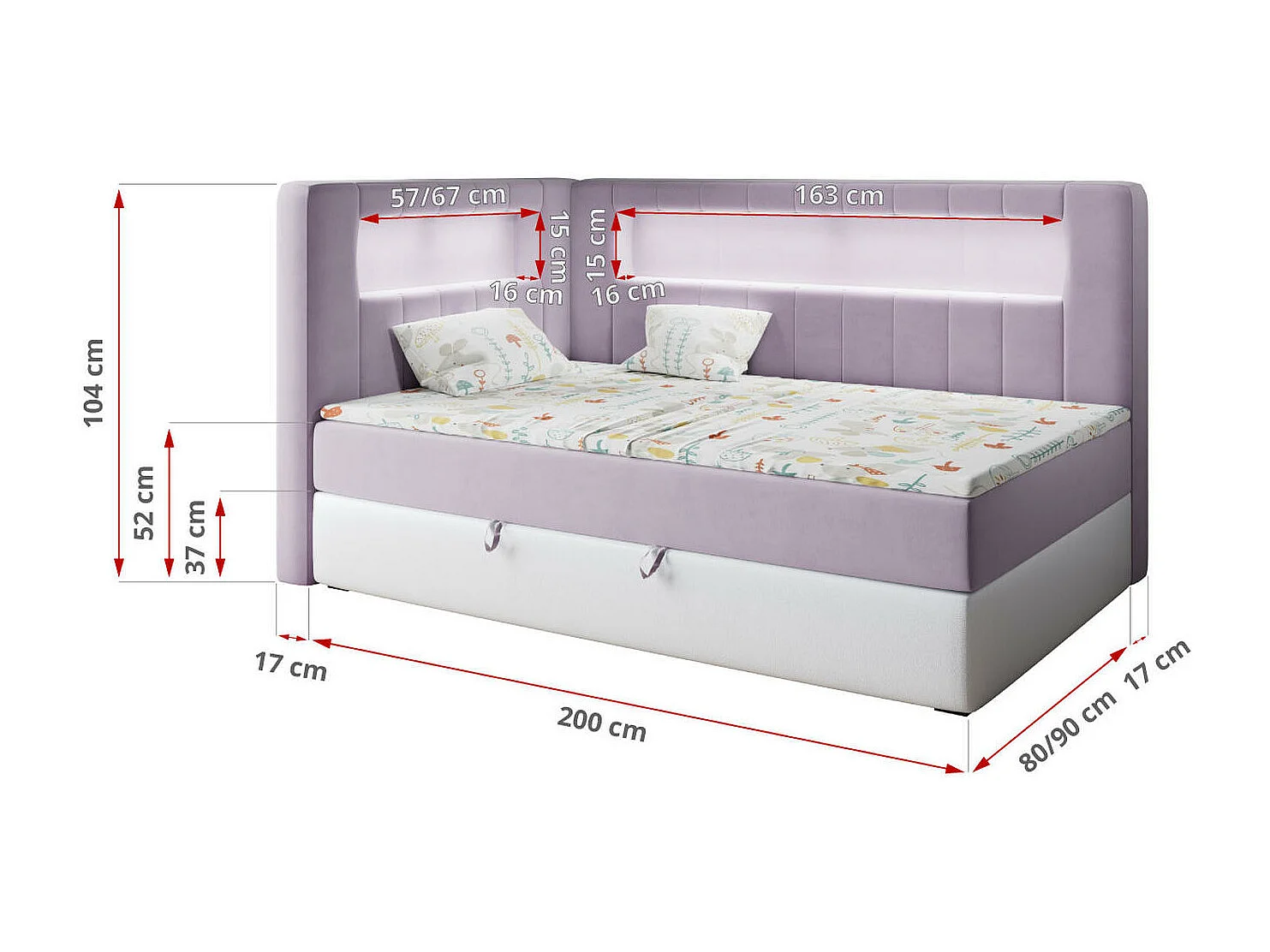 Kinderbett JUNIOR GOLD 3 - Einzelbett mit Matratze, LED-Beleuchtung, Bettkasten - 90x200 cm - Links Seite