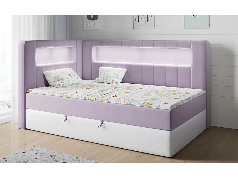 Kinderbett JUNIOR GOLD 3 - Einzelbett mit Matratze, LED-Beleuchtung, Bettkasten - 90x200 cm - Links Seite