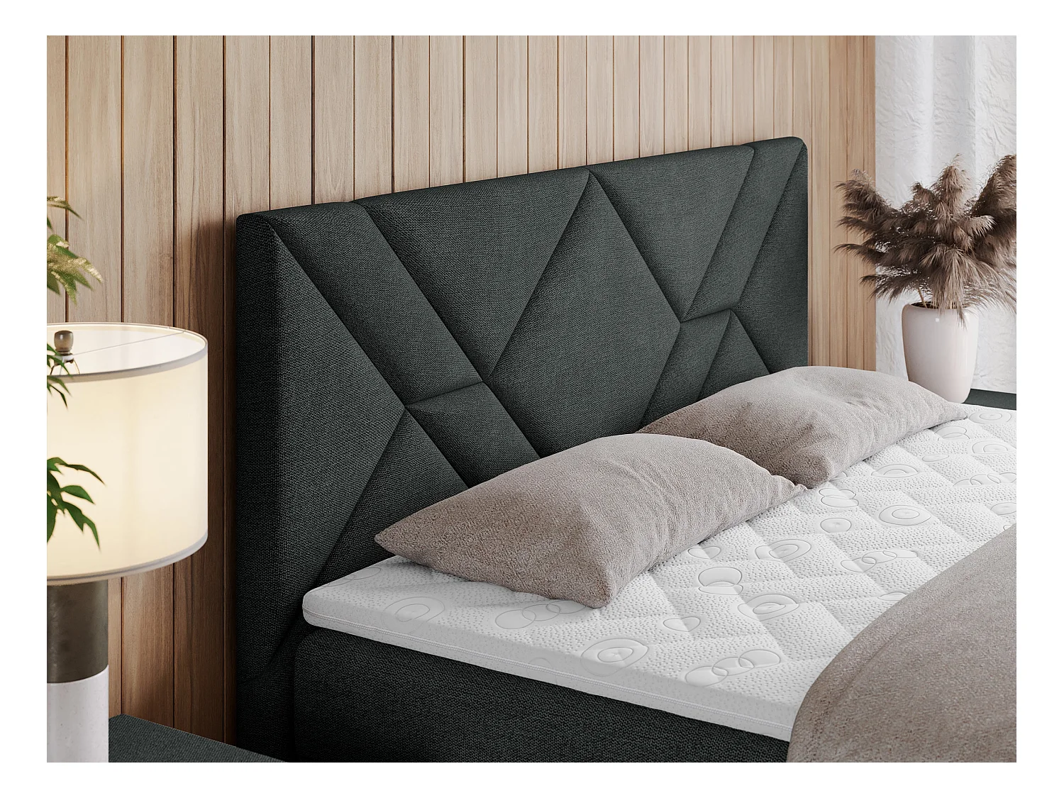 Boxspringbett NEOMI - dekorativem Kopfteil, Polsterbett mit Multipocket-Matratzen, zwei Bettkästen - 180x200 cm - H3 - Hellgrau Strukture