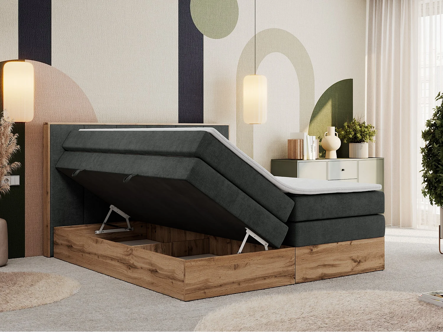 Boxspringbett ALBERO 1 KING - zwei 7 Härtezonen Multipocket-Matratzen, Doppelbett mit Stauraum, Eiche Wotan Holzrahmen - 120x200 cm - H3 - Dunkelgrau Strukture