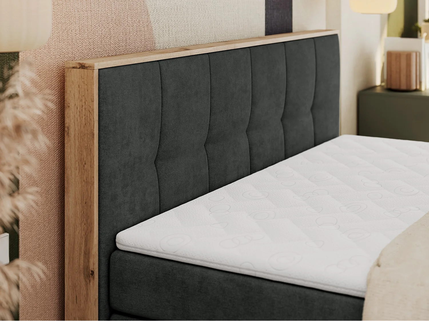 Boxspringbett ALBERO 1 KING - zwei 7 Härtezonen Multipocket-Matratzen, Doppelbett mit Stauraum, Eiche Wotan Holzrahmen - 120x200 cm - H3 - Dunkelgrau Strukture