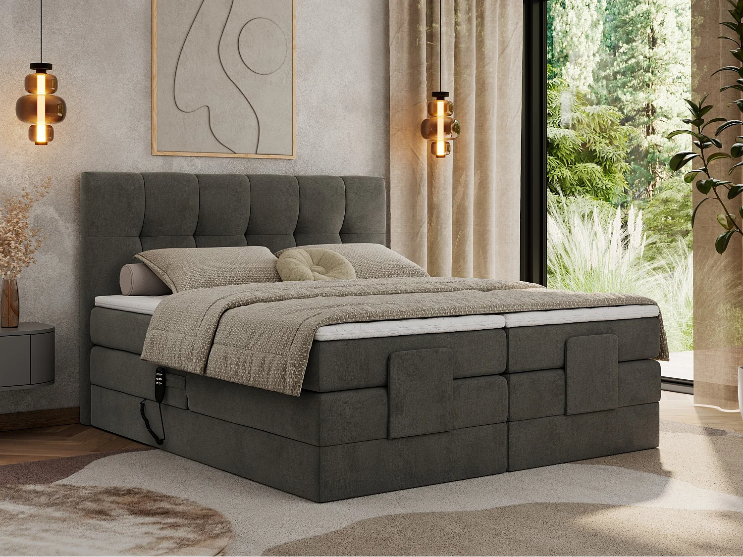 Boxspringbett VITTORIA - mit gestepptem Kopfteil, elektrischem Untergestell, Multipocket-Matratze - 140x200 cm - H4 - Dunkelgrau Velvet