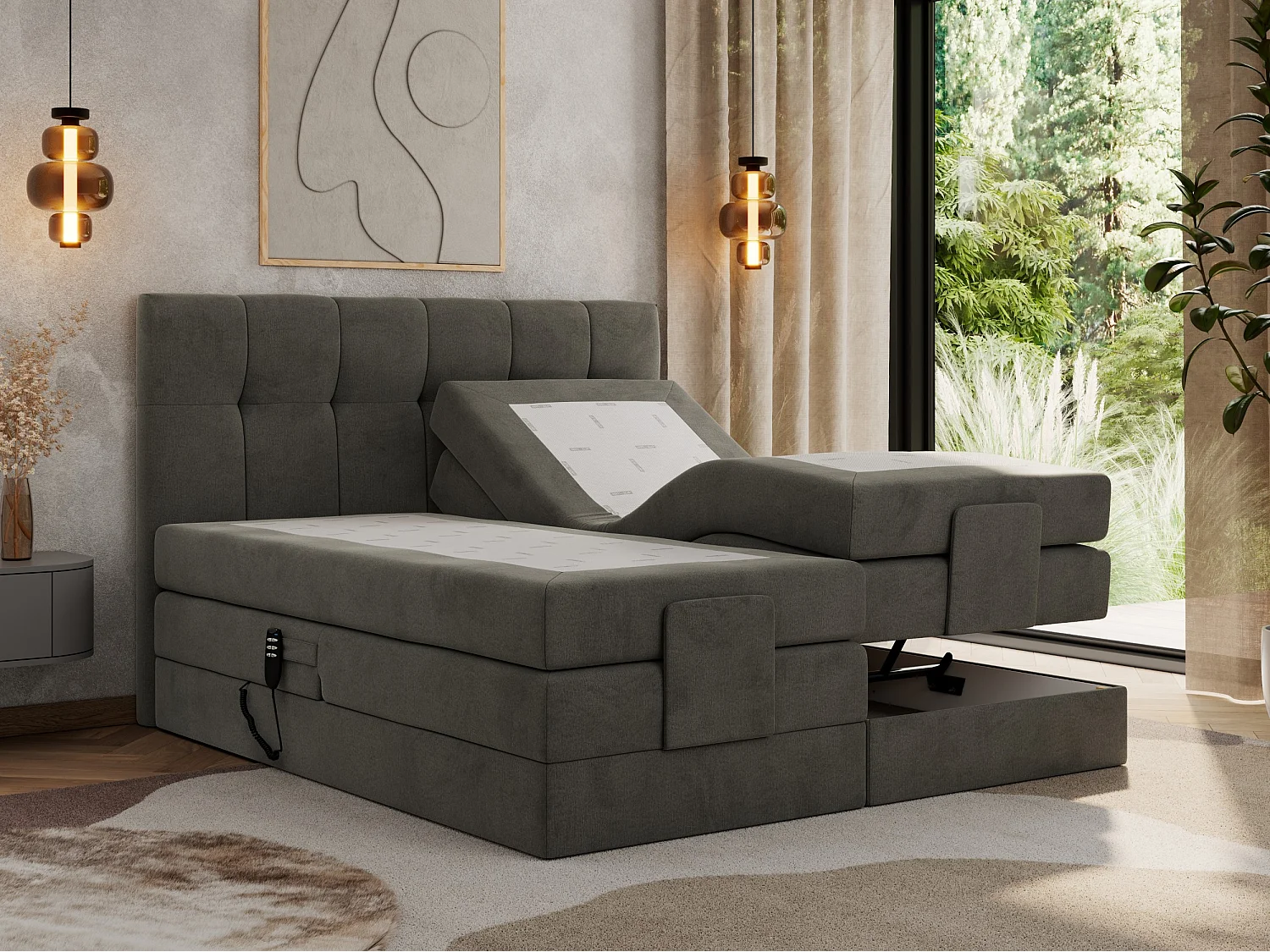 Boxspringbett VITTORIA - mit gestepptem Kopfteil, elektrischem Untergestell, Multipocket-Matratze - 140x200 cm - H4 - Dunkelgrau Velvet