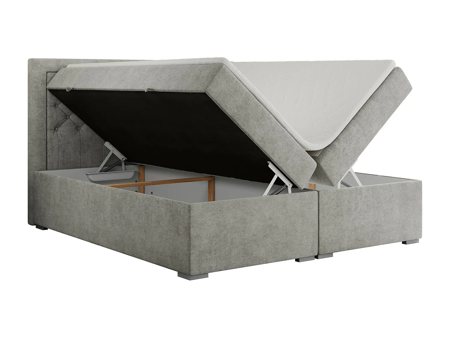 Boxspringbett JASIR - mit gestepptem Kopfteil, Doppelbett für Schlafzimmer, Multipocket-Matratze, Stauraum - 120x200 cm - H3 - Hellgrau Strukture