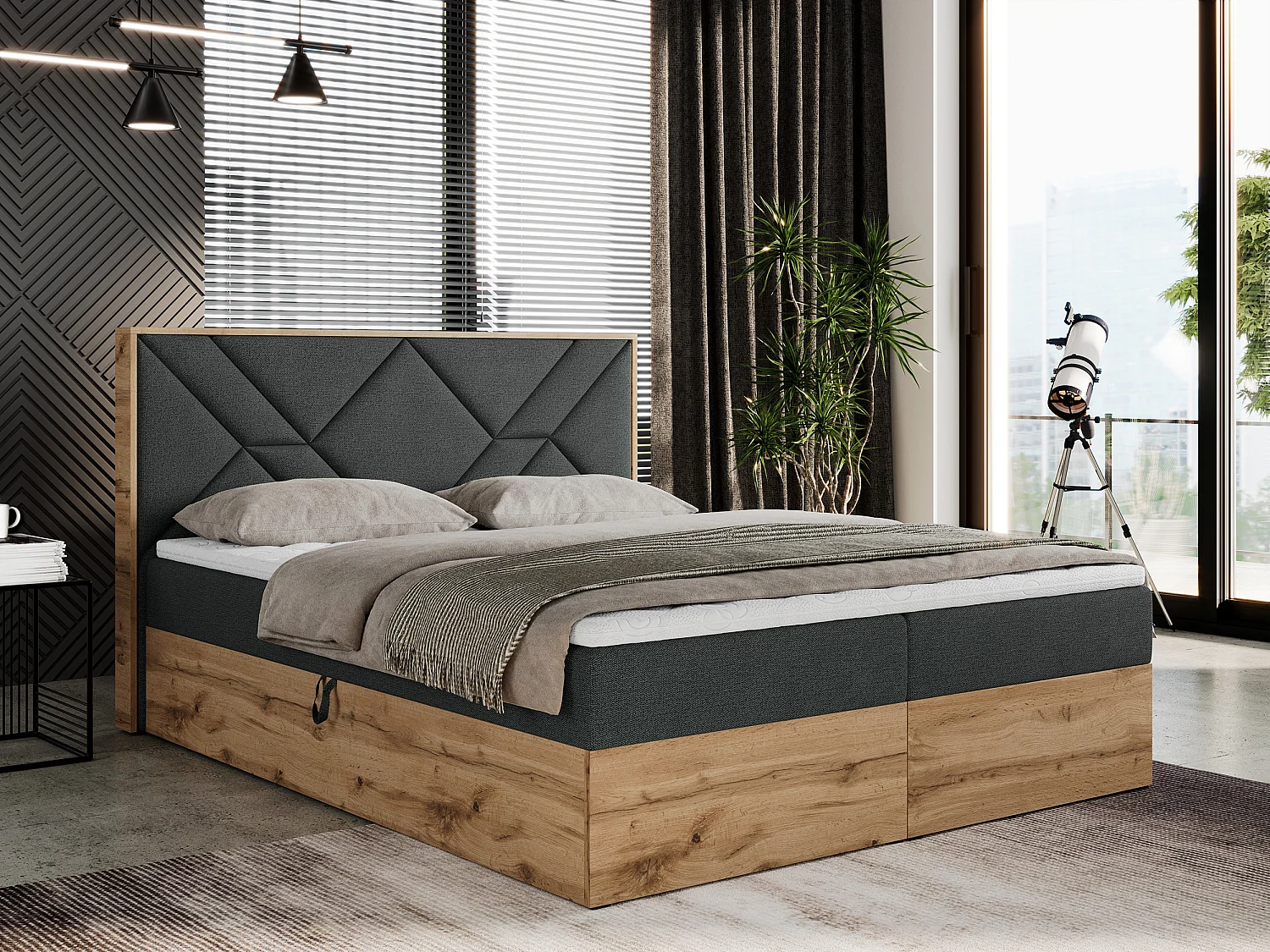 Boxspringbett GUNAR - gepolster kopfteil, Doppelbett mit Multipocket-Matratze, zwei Bettkästen - 200x200 cm - H4 - Dunkelgrau Strukture