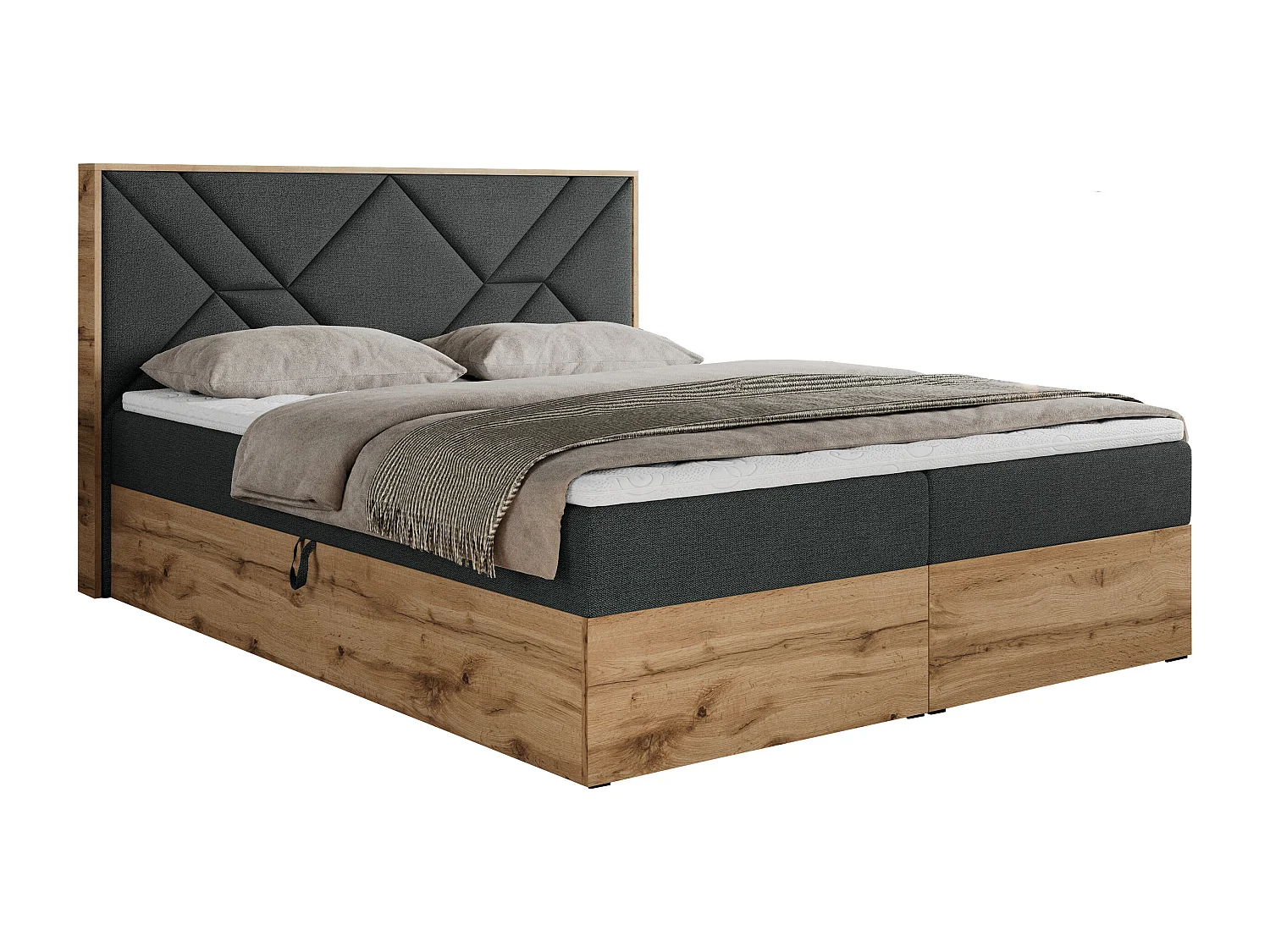 Boxspringbett GUNAR - gepolster kopfteil, Doppelbett mit Multipocket-Matratze, zwei Bettkästen - 200x200 cm - H4 - Dunkelgrau Strukture
