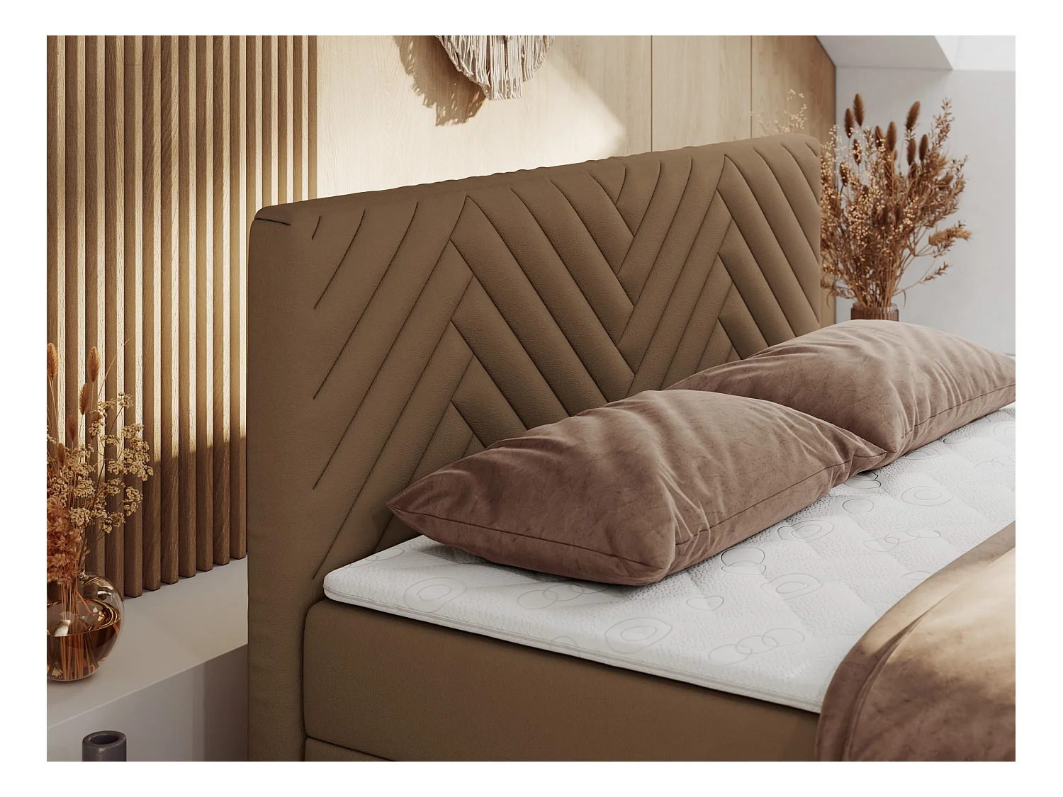 Boxspringbett PARIS DUO - Polsterbett mit genähtem Kopfteil und Frontplatte, Doppelbett, zwei Bettkästen - 200x200 cm - H4 - Braun Kunstleder