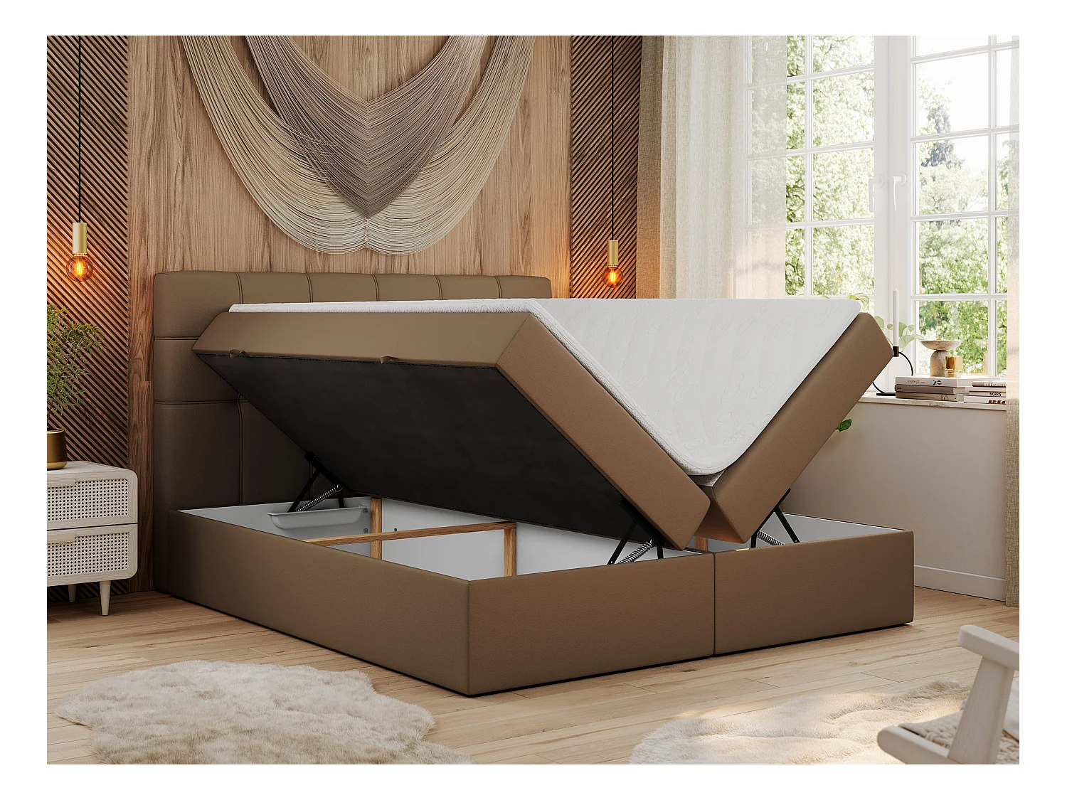 Boxspringbett ERNI - mit gestepptem Kopfteil, Polsterbett, Multipocket-Matratze und Topper, Bettkästen - 200x200 cm - H4 - Braun Kunstleder