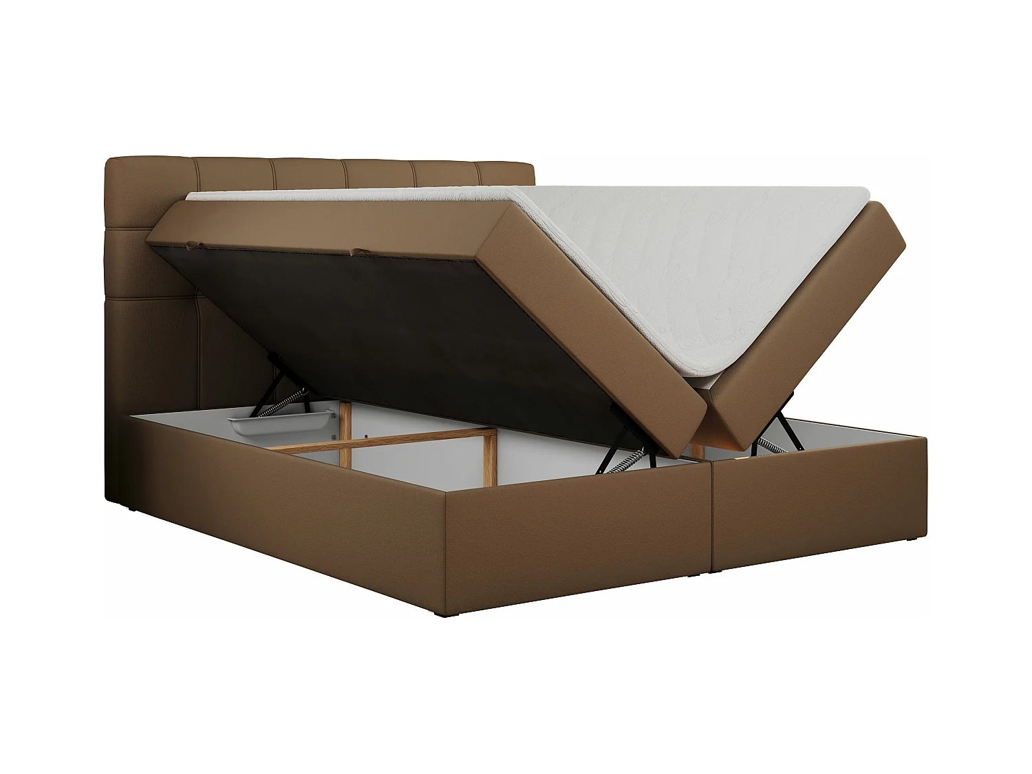 Boxspringbett ERNI - mit gestepptem Kopfteil, Polsterbett, Multipocket-Matratze und Topper, Bettkästen - 200x200 cm - H4 - Braun Kunstleder