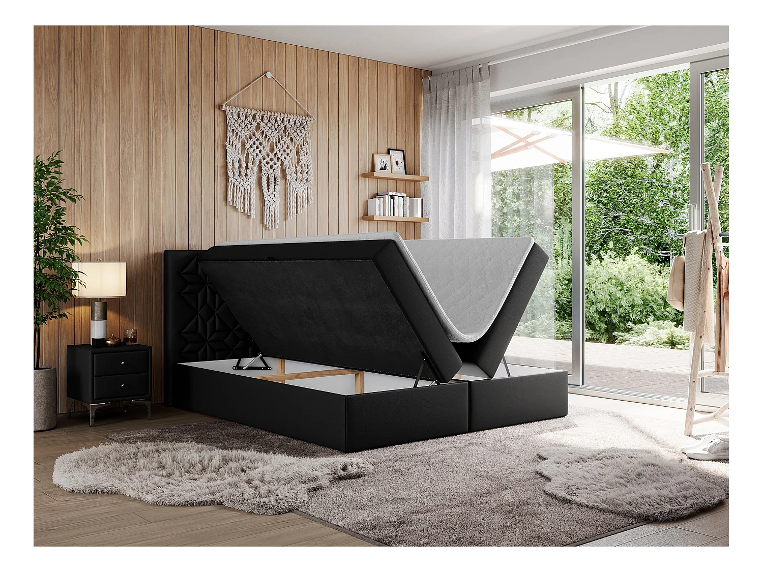 Boxspringbett LEILA - gestepptes Kopfteil,  7 Härtezonen Multipocket-Matratzen, Doppelbett mit Bettkästen - 140x200 cm - H3 - Schwarz Kunstleder