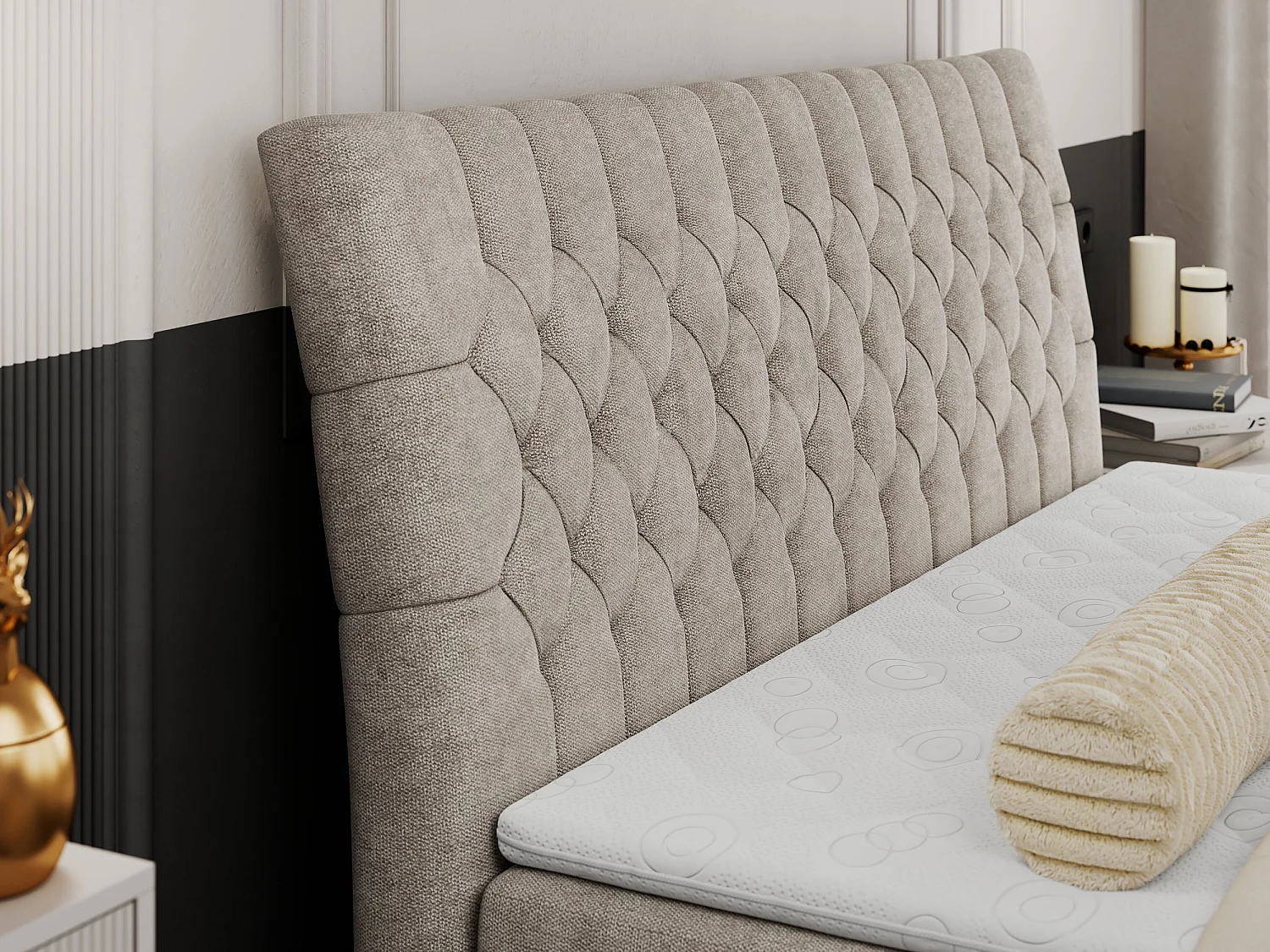 Boxspringbett MILEN - gepolstertes Schlafzimmerbett, zwei Multipocket-Matratze, dekorative hohe Beine - 160x200 cm - H3 - Beige Strukture