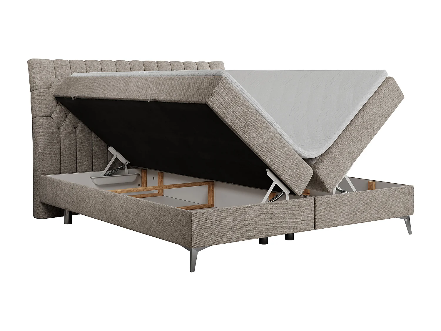 Boxspringbett MILEN - gepolstertes Schlafzimmerbett, zwei Multipocket-Matratze, dekorative hohe Beine - 160x200 cm - H3 - Beige Strukture