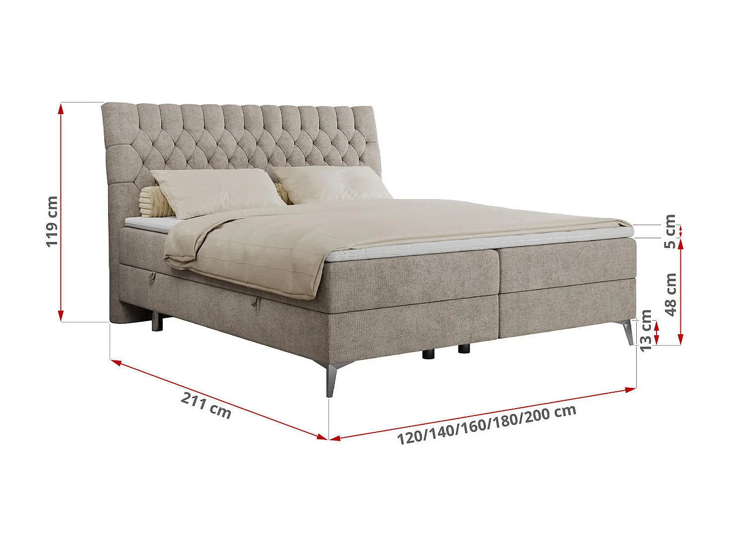 Boxspringbett MILEN - gepolstertes Schlafzimmerbett, zwei Multipocket-Matratze, dekorative hohe Beine - 160x200 cm - H3 - Beige Strukture