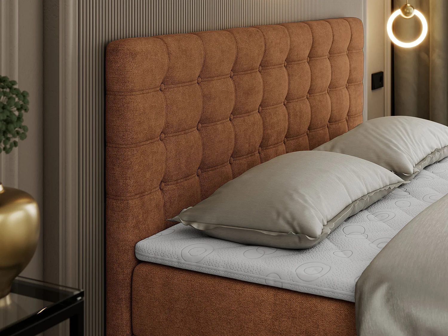 Boxspringbett SUSAN - mit gestepptem Kopfteil, zwei Bettkästen und Topper, gepolstertes Schlafzimmerbett - 160x200 cm - H4 - Orange Stukture