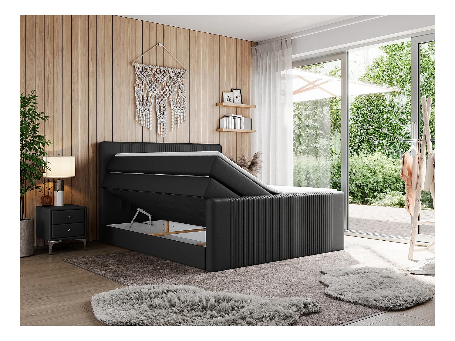 Boxspringbett DOREN KING - mit gesteppter Front und Kopfteil, zwei Multipocket-Matratzen und Topper, Doppelbett - 180x200 cm - H4 - Schwarz Kunstleder