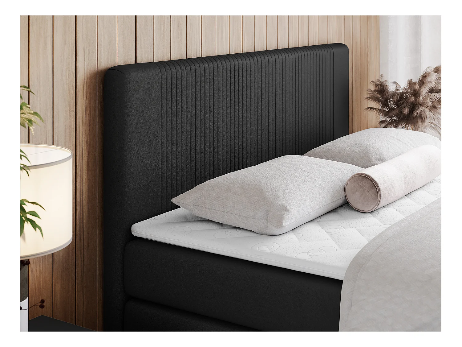 Boxspringbett DOREN KING - mit gesteppter Front und Kopfteil, zwei Multipocket-Matratzen und Topper, Doppelbett - 180x200 cm - H4 - Schwarz Kunstleder