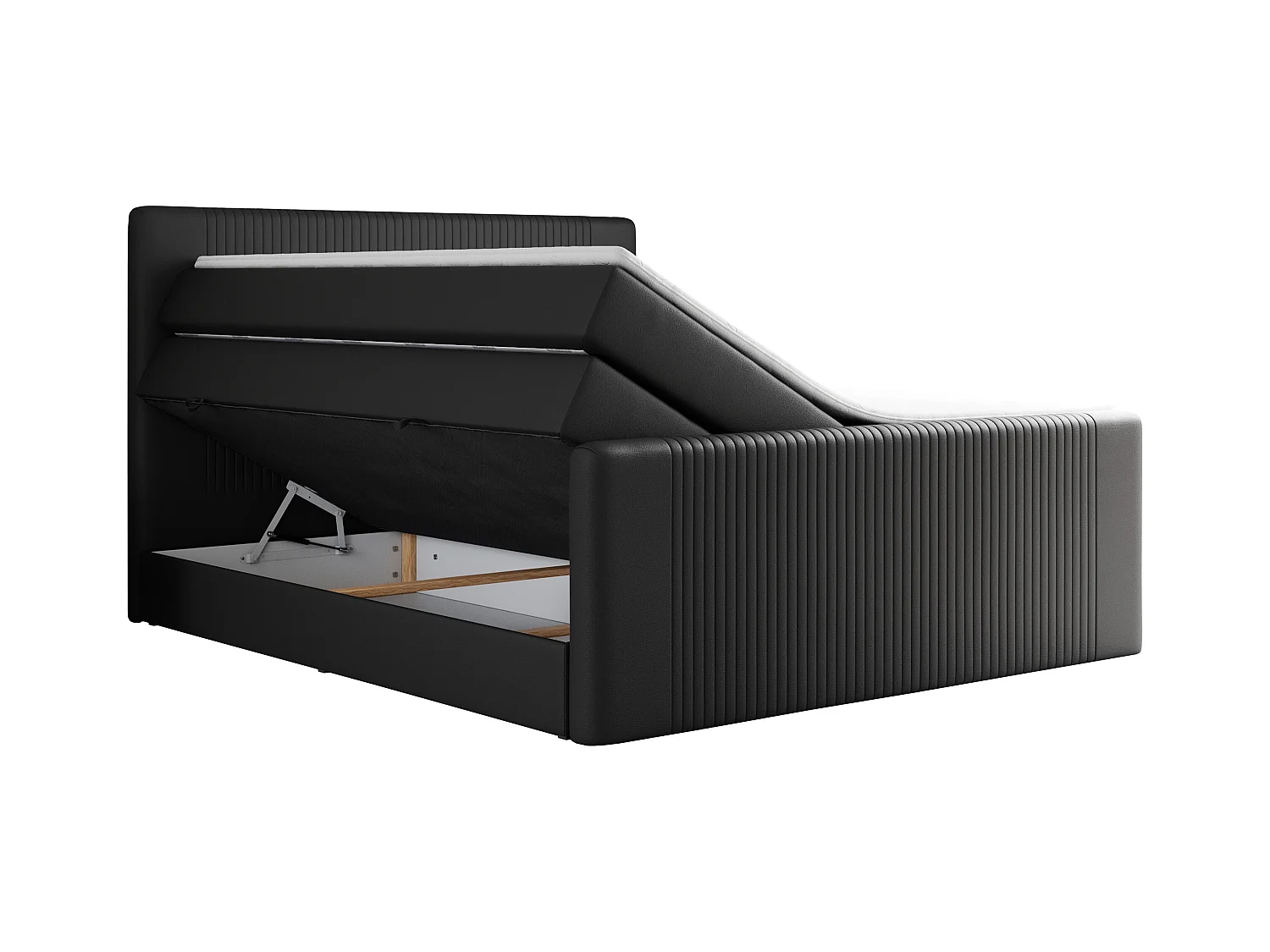 Boxspringbett DOREN KING - mit gesteppter Front und Kopfteil, zwei Multipocket-Matratzen und Topper, Doppelbett - 180x200 cm - H4 - Schwarz Kunstleder
