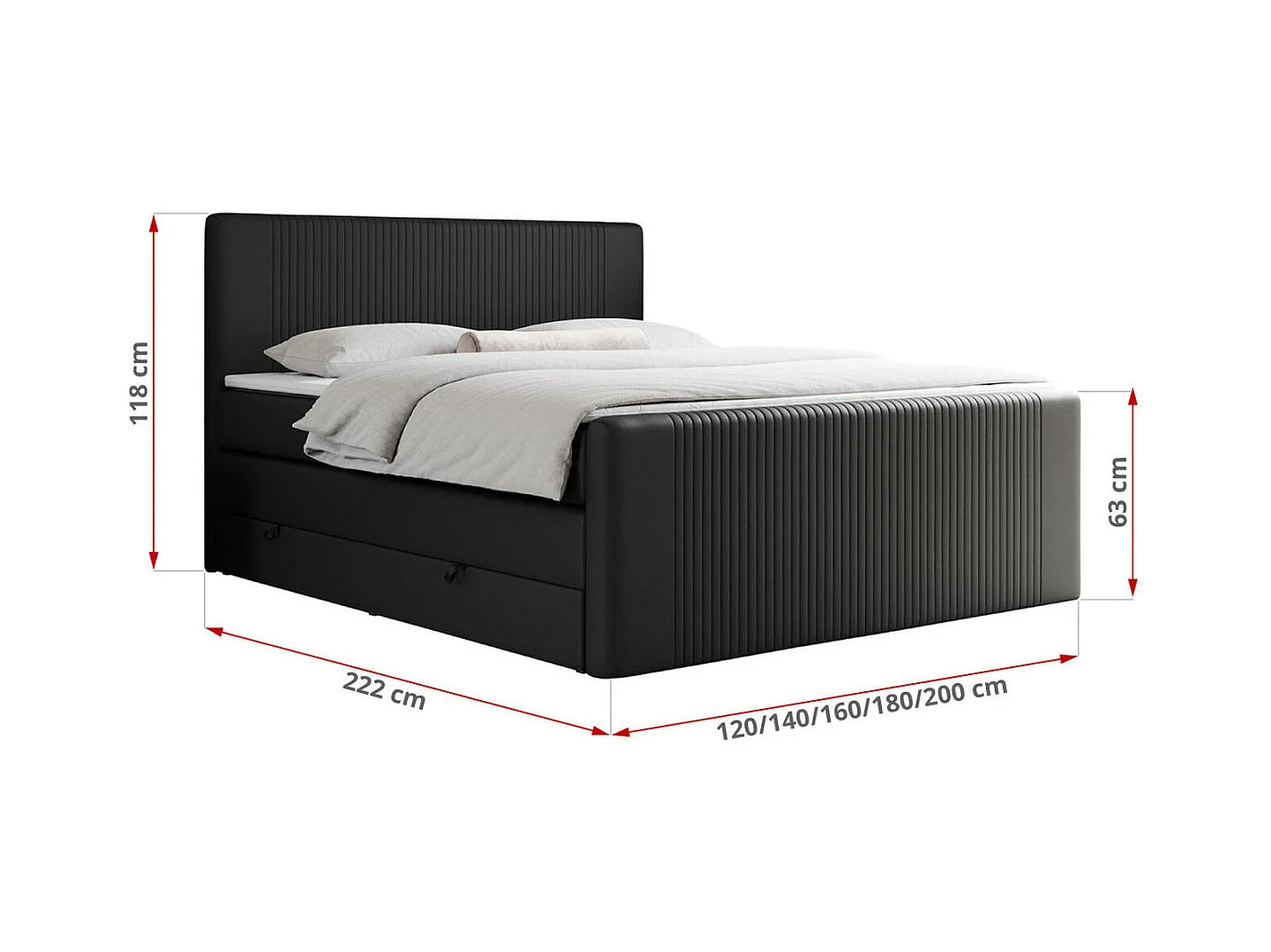 Boxspringbett DOREN KING - mit gesteppter Front und Kopfteil, zwei Multipocket-Matratzen und Topper, Doppelbett - 180x200 cm - H4 - Schwarz Kunstleder
