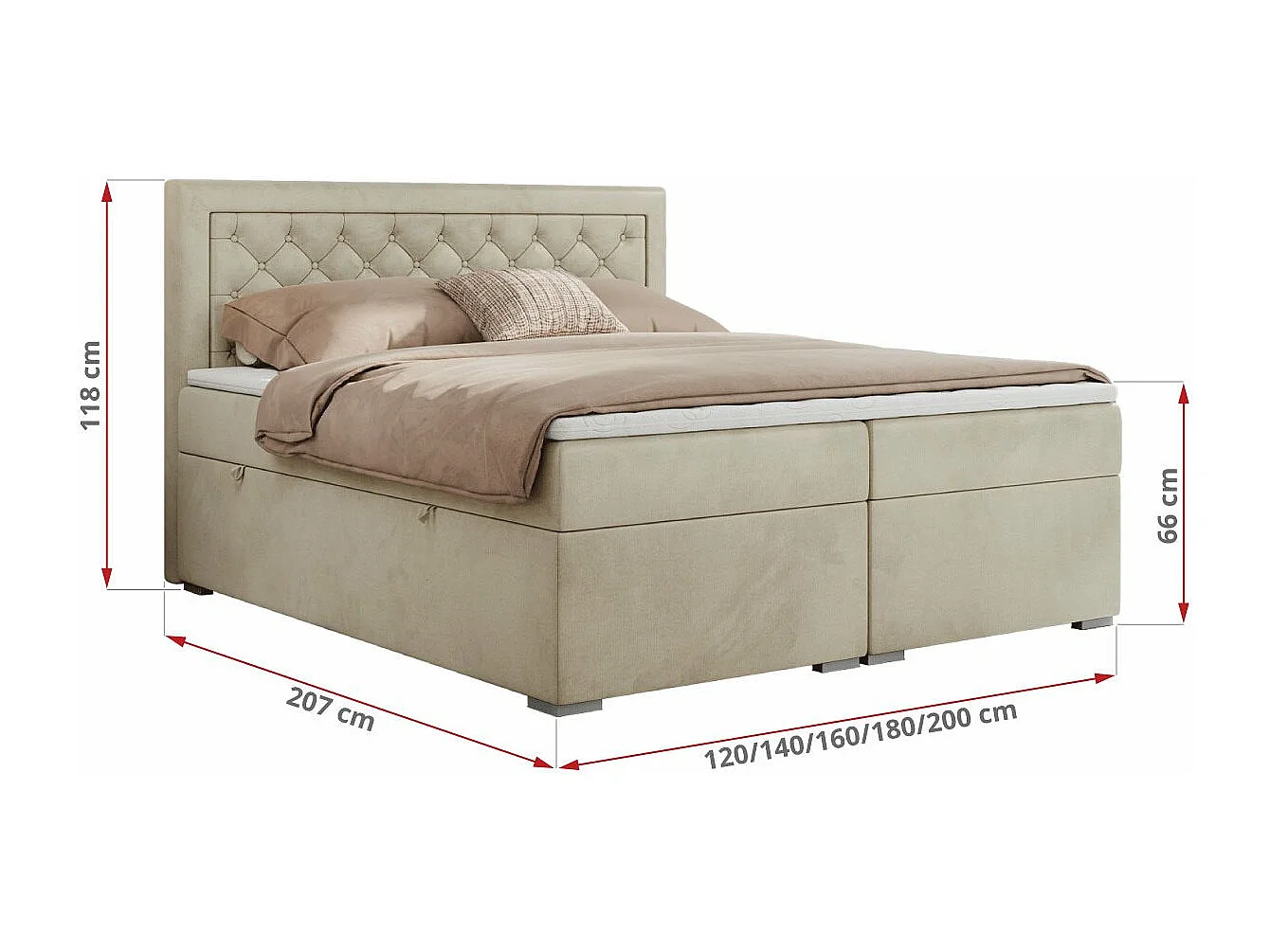 Boxspringbett JASIR - mit gestepptem Kopfteil, Doppelbett für Schlafzimmer, Multipocket-Matratze, Stauraum - 180x200 cm - H3 - Beige Velvet