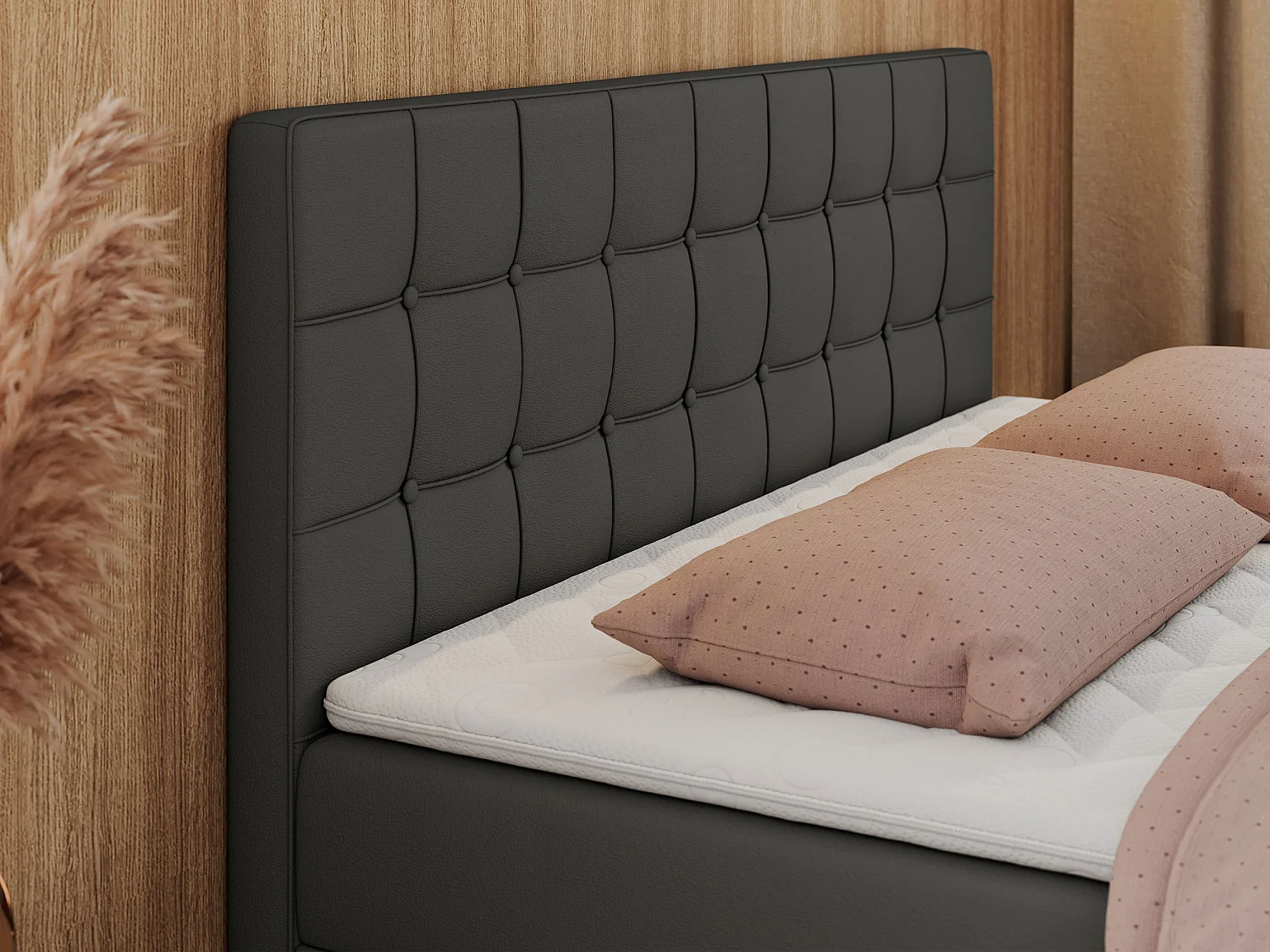 Boxspringbett CARMEN - Polsterbett mit zwei Bettkästen, gesteppte Kopfstütze, Multipocket-Matratze - 200x200 cm - H3 - Dunkelgrau Kunstleder