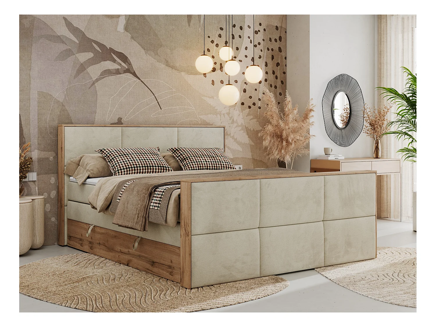 Boxspringbett ALBERO 2 KING DUO - Eiche Wotan Holzrahmen, zwei Multipocket-Matratzen, Bettkästen - 160x200 cm - H3 - Beige Velvet