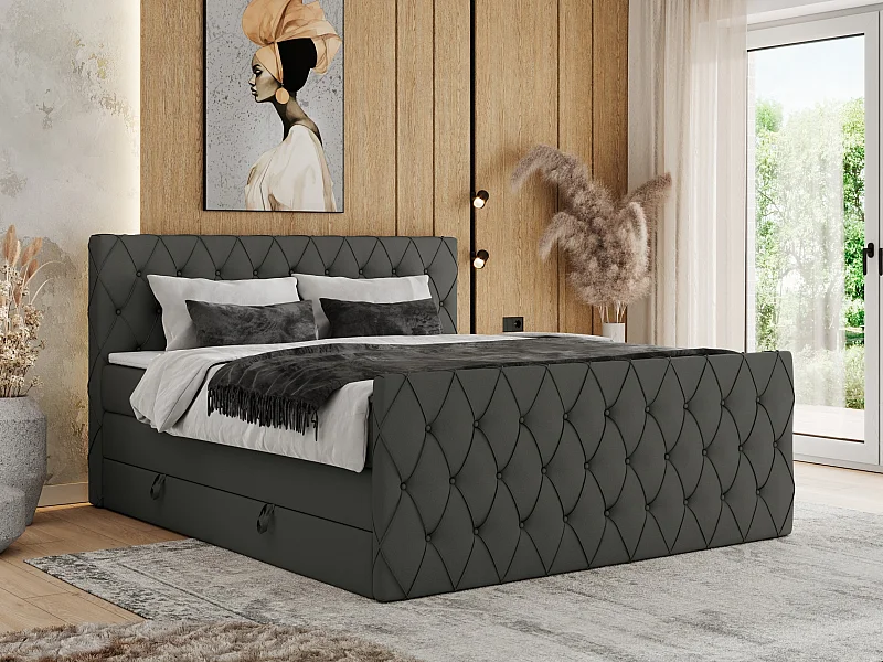 Boxspringbett MIREN KING DUO - für Schlafzimmer mit zwei Multipocket-Matratzen und Topper, gestepptes Kopfteil und Front  - 160x200 cm - H4 - Grau Kunstleder