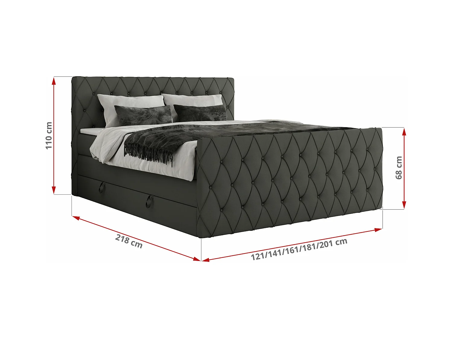 Boxspringbett MIREN KING DUO - für Schlafzimmer mit zwei Multipocket-Matratzen und Topper, gestepptes Kopfteil und Front  - 160x200 cm - H4 - Grau Kunstleder
