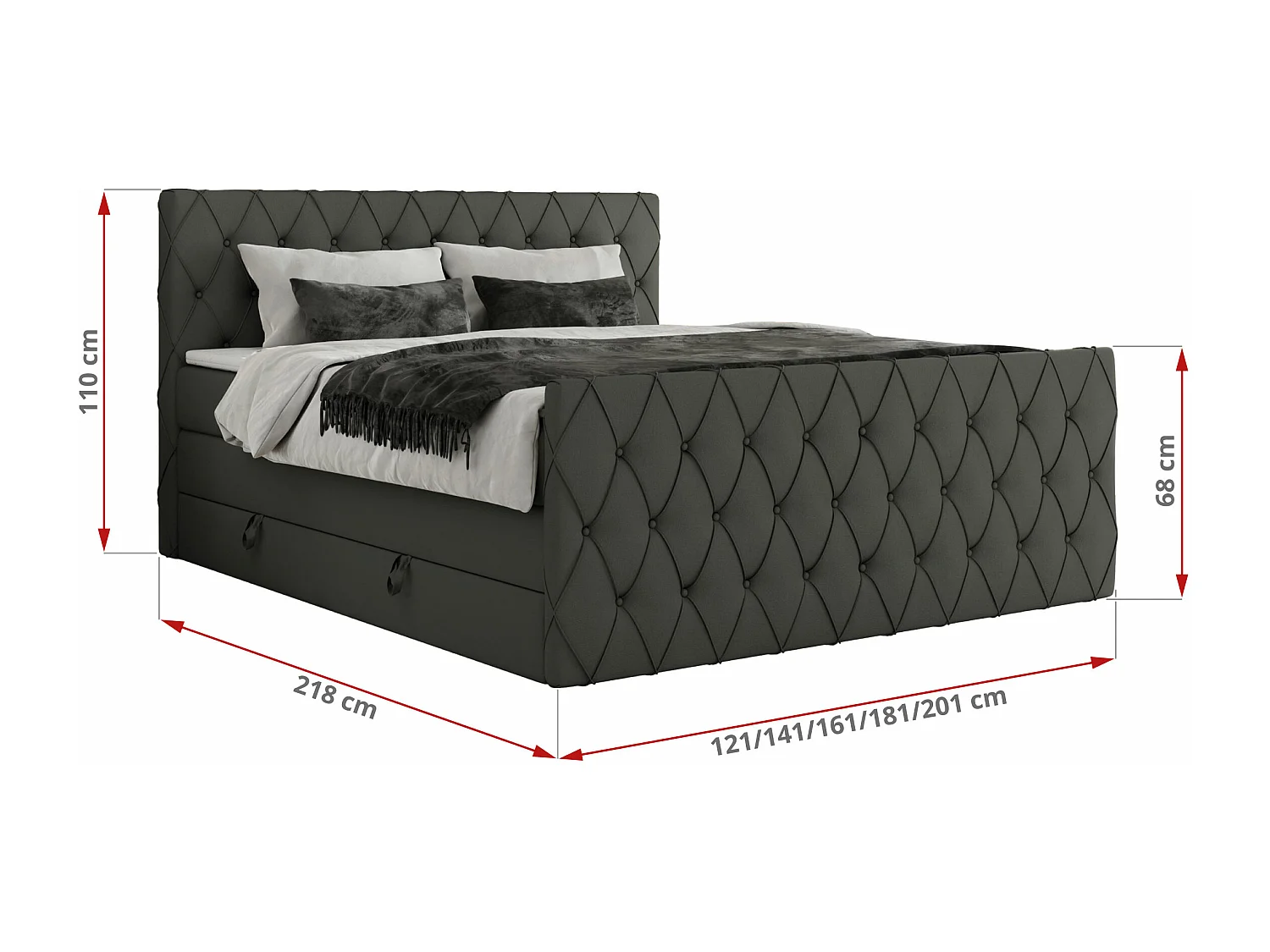 Boxspringbett MIREN KING DUO - für Schlafzimmer mit zwei Multipocket-Matratzen und Topper, gestepptes Kopfteil und Front  - 160x200 cm - H4 - Grau Kunstleder