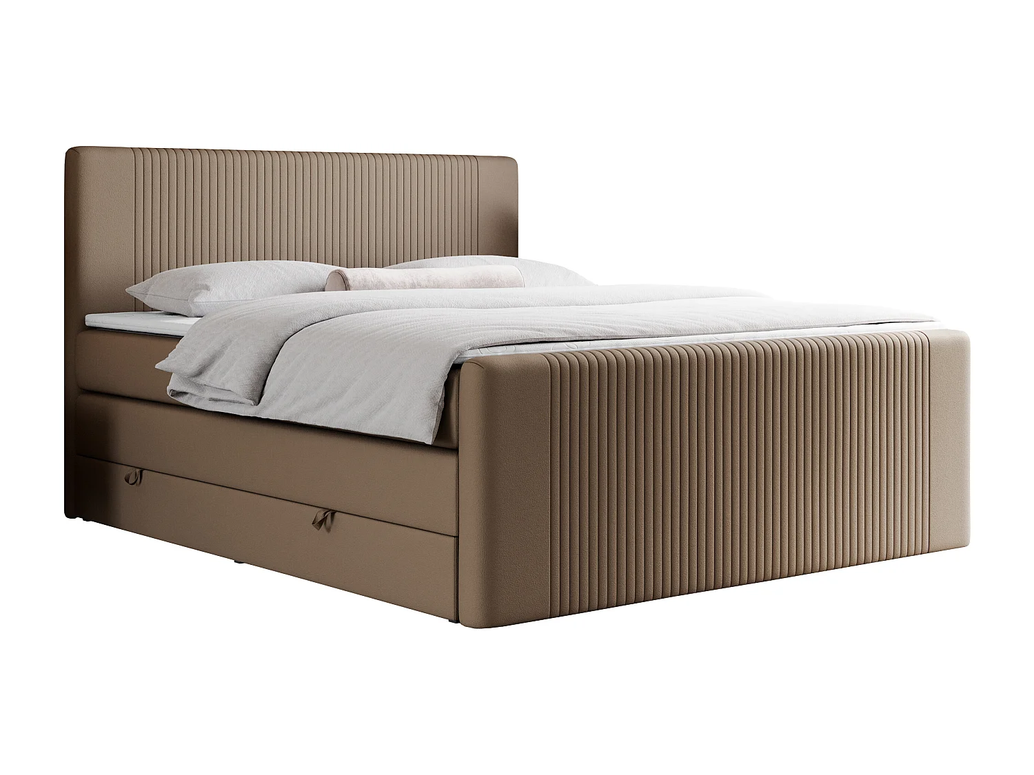 Boxspringbett DOREN KING - mit gesteppter Front und Kopfteil, zwei Multipocket-Matratzen und Topper, Doppelbett - 180x200 cm - H3 - Braun Kunstleder