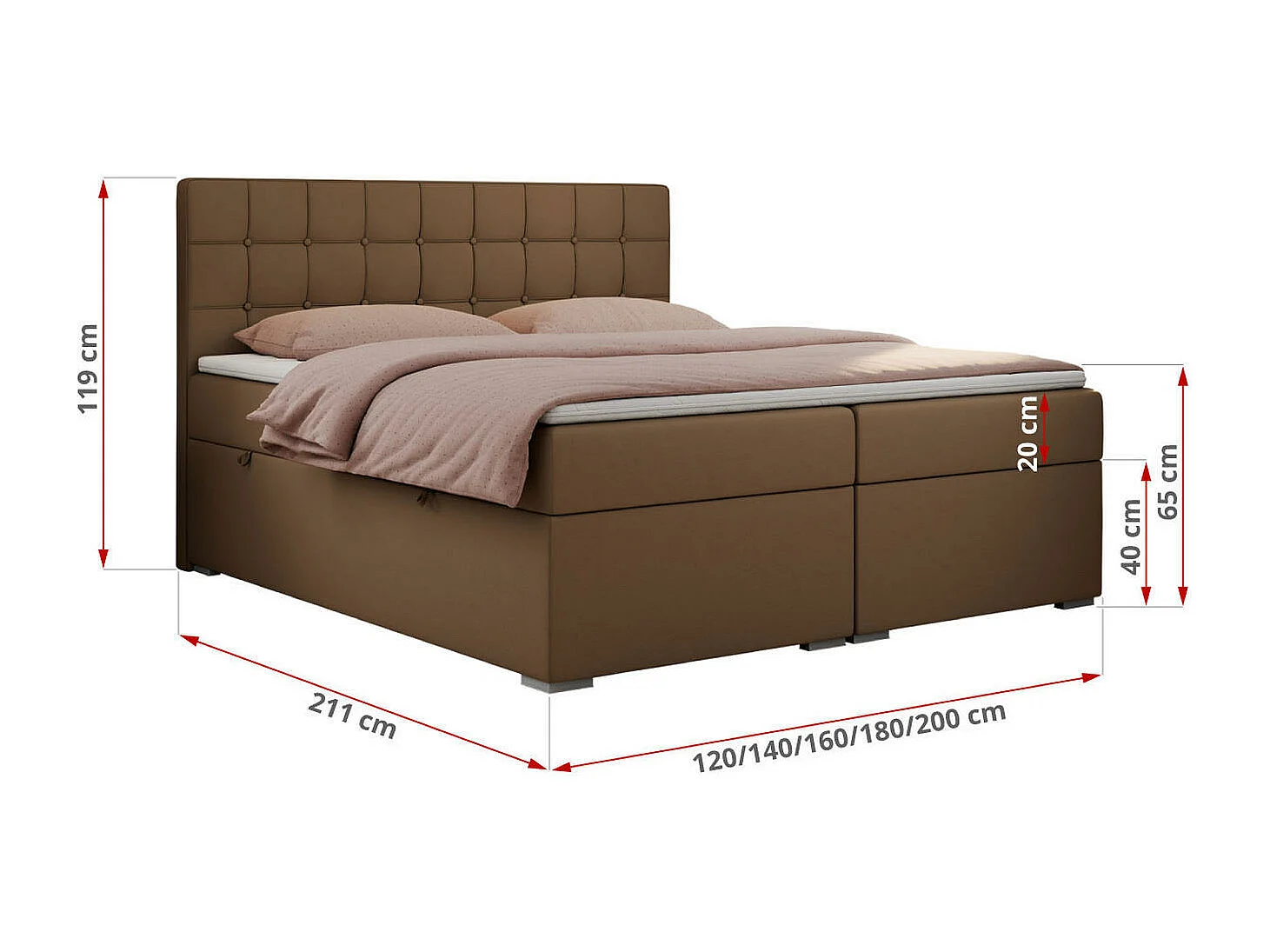 Boxspringbett CARMEN - Polsterbett mit zwei Bettkästen, gesteppte Kopfstütze, Multipocket-Matratze - 140x200 cm - H4 - Braun Kunstleder