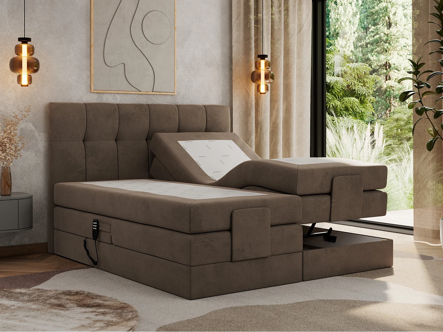 Boxspringbett VITTORIA - mit gestepptem Kopfteil, elektrischem Untergestell, Multipocket-Matratze - 200x200 cm - H3 - Braun Velvet