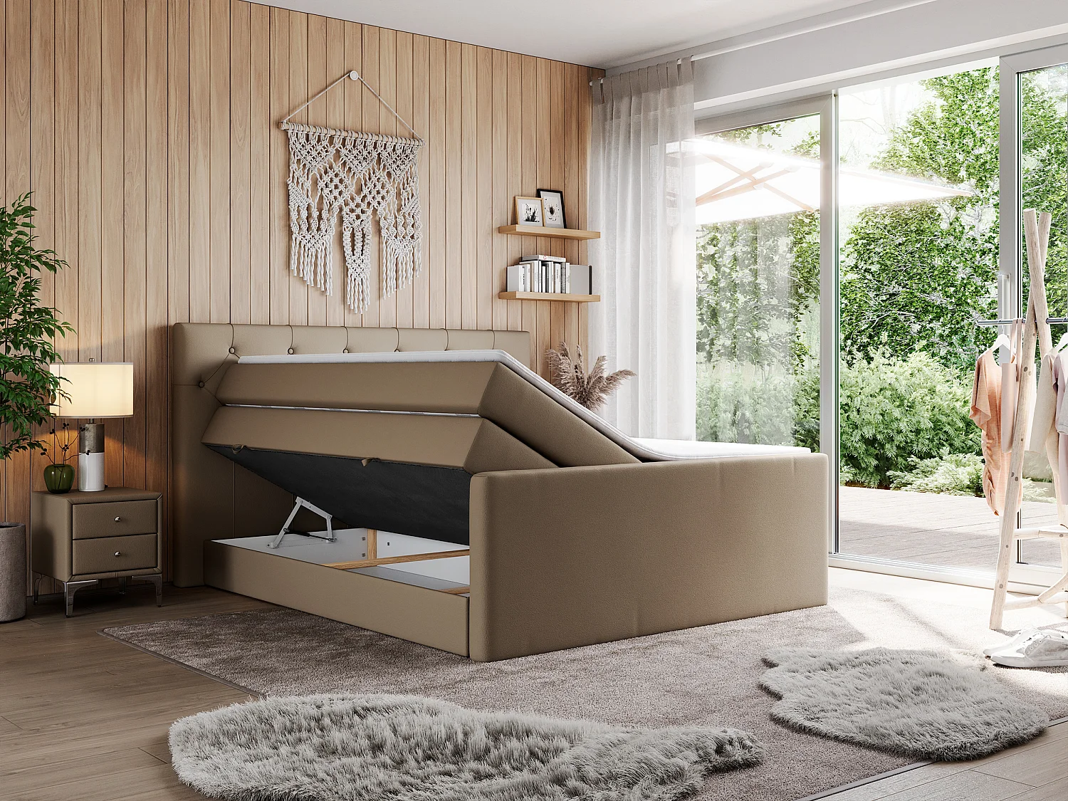 Boxspringbett VELEN KING - Doppelbett mit gestepptem Kopfteil, zwei Multipocket-Matratzen, Polsterbett mit Kopfstütze - 120x200 cm - H3 - Braun Kunstleder