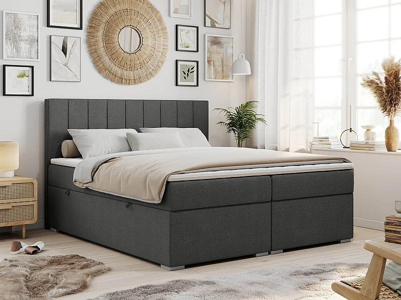 Boxspringbett ALLY - gestreiftes, genähtes Kopfteil, zwei Bettkästen, Multipocket-Matratzen, Praktisch Polsterbett - 200x200 cm - H4 - Dunkelgrau Strukture