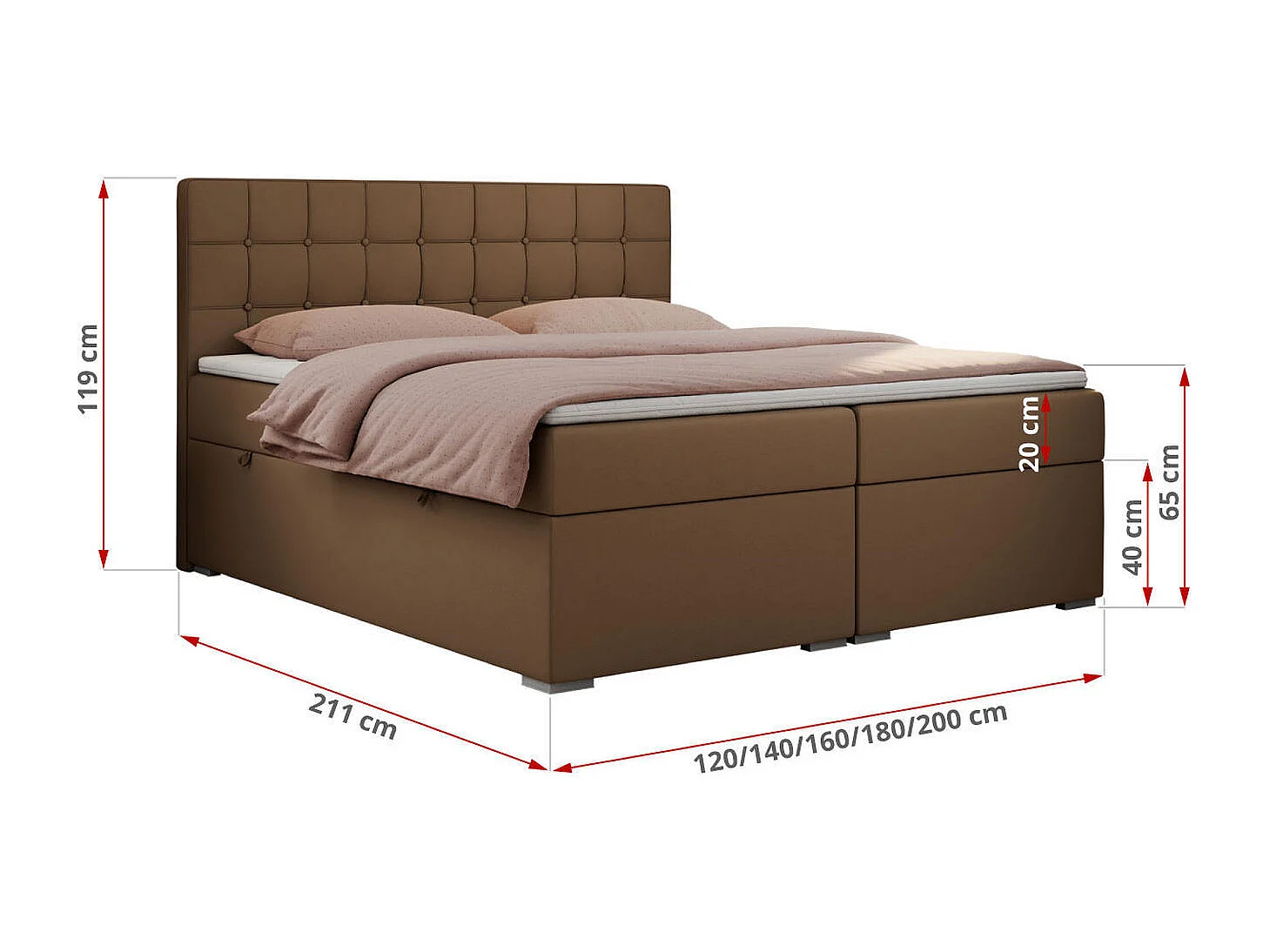 Boxspringbett CARMEN - Polsterbett mit zwei Bettkästen, gesteppte Kopfstütze, Multipocket-Matratze - 120x200 cm - H4 - Braun Kunstleder