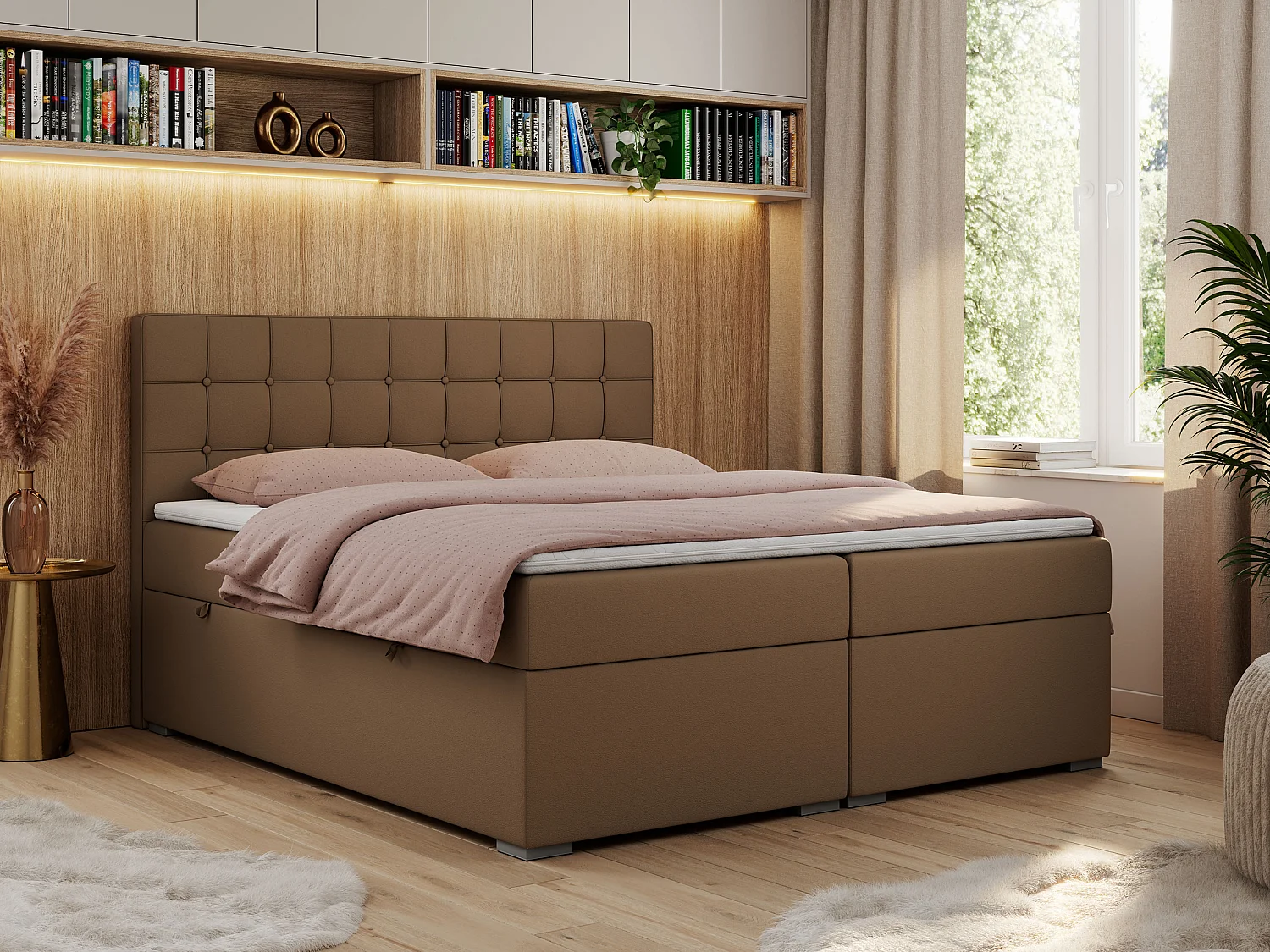 Boxspringbett CARMEN - Polsterbett mit zwei Bettkästen, gesteppte Kopfstütze, Multipocket-Matratze - 120x200 cm - H4 - Braun Kunstleder
