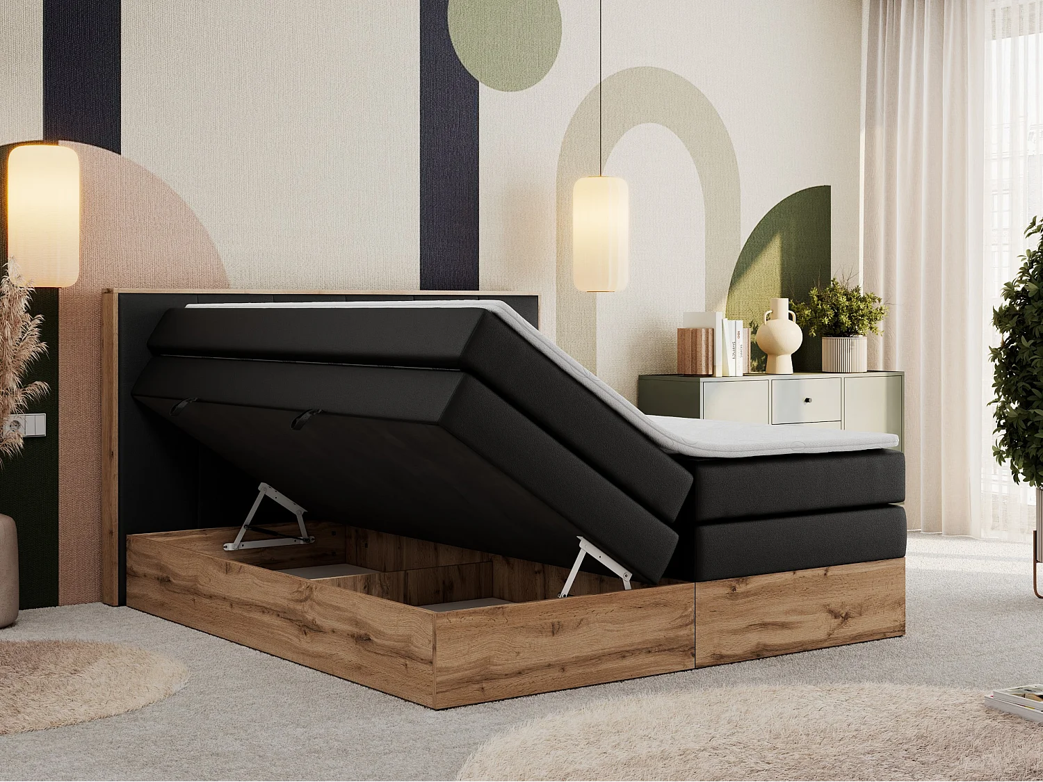 Boxspringbett ALBERO 1 KING - zwei 7 Härtezonen Multipocket-Matratzen, Doppelbett mit Stauraum, Eiche Wotan Holzrahmen - 200x200 cm - H4 - Schwarz Kunstleder