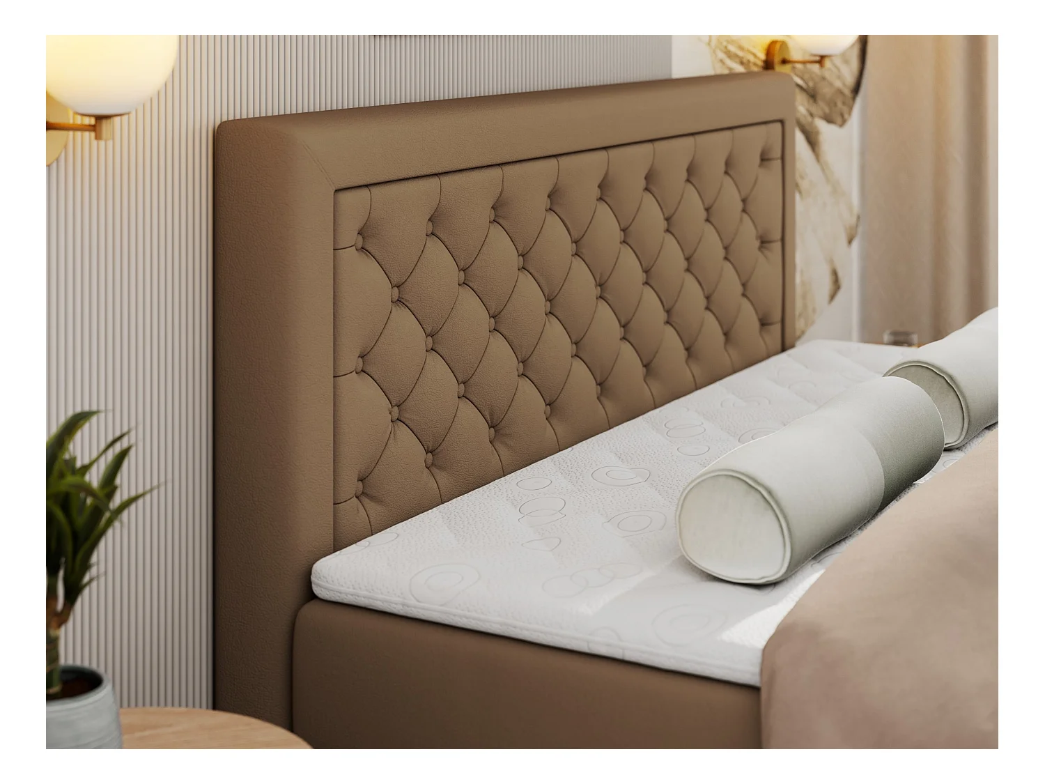 Boxspringbett JASIR - mit gestepptem Kopfteil, Doppelbett für Schlafzimmer, Multipocket-Matratze, Stauraum - 180x200 cm - H3 - Braun Kunstleder