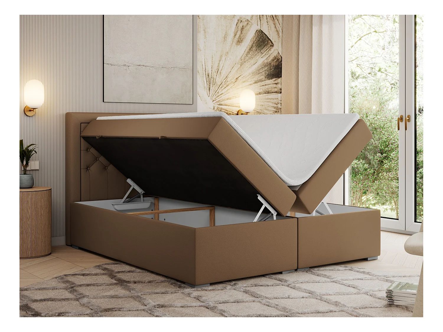 Boxspringbett JASIR - mit gestepptem Kopfteil, Doppelbett für Schlafzimmer, Multipocket-Matratze, Stauraum - 180x200 cm - H3 - Braun Kunstleder