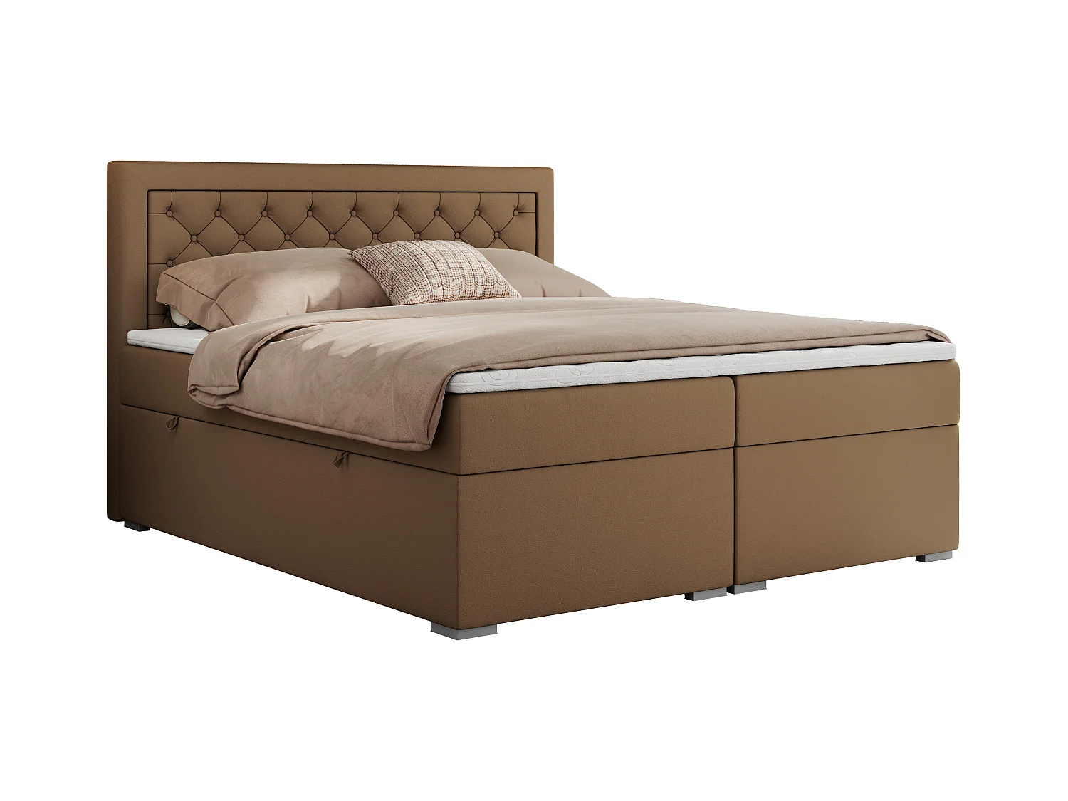 Boxspringbett JASIR - mit gestepptem Kopfteil, Doppelbett für Schlafzimmer, Multipocket-Matratze, Stauraum - 180x200 cm - H3 - Braun Kunstleder