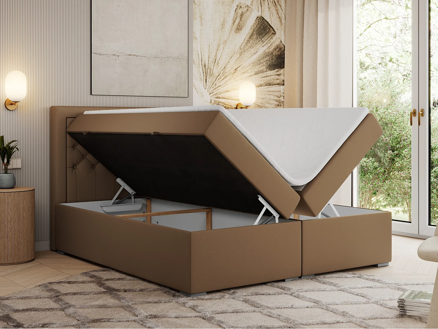 Boxspringbett JASIR - mit gestepptem Kopfteil, Doppelbett für Schlafzimmer, Multipocket-Matratze, Stauraum - 180x200 cm - H3 - Braun Kunstleder