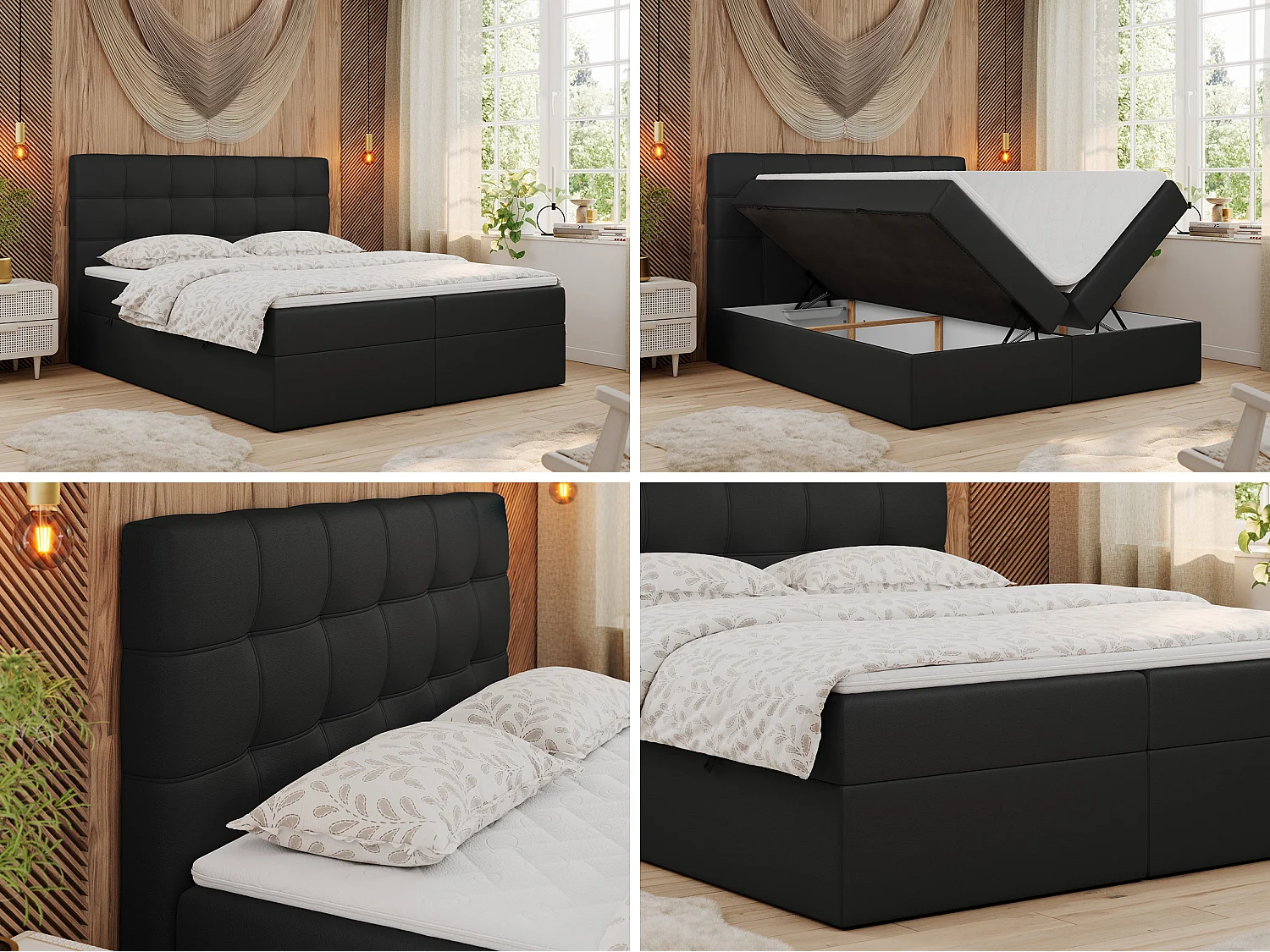 Lit boxspring - Dureté H3 + Topper T25 - Noir Similicuir - 180x200 - ERNI