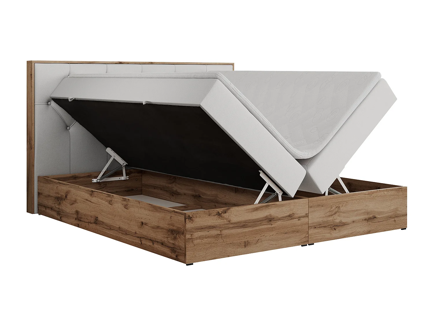 Boxspringbett VENETO - gestepptem Kopfteil, Set mit Multipocket-Matratze und Topper, Holzrahmen, zwei Bettkästen - 140x200 cm - H3 - Weiß Kunstleder