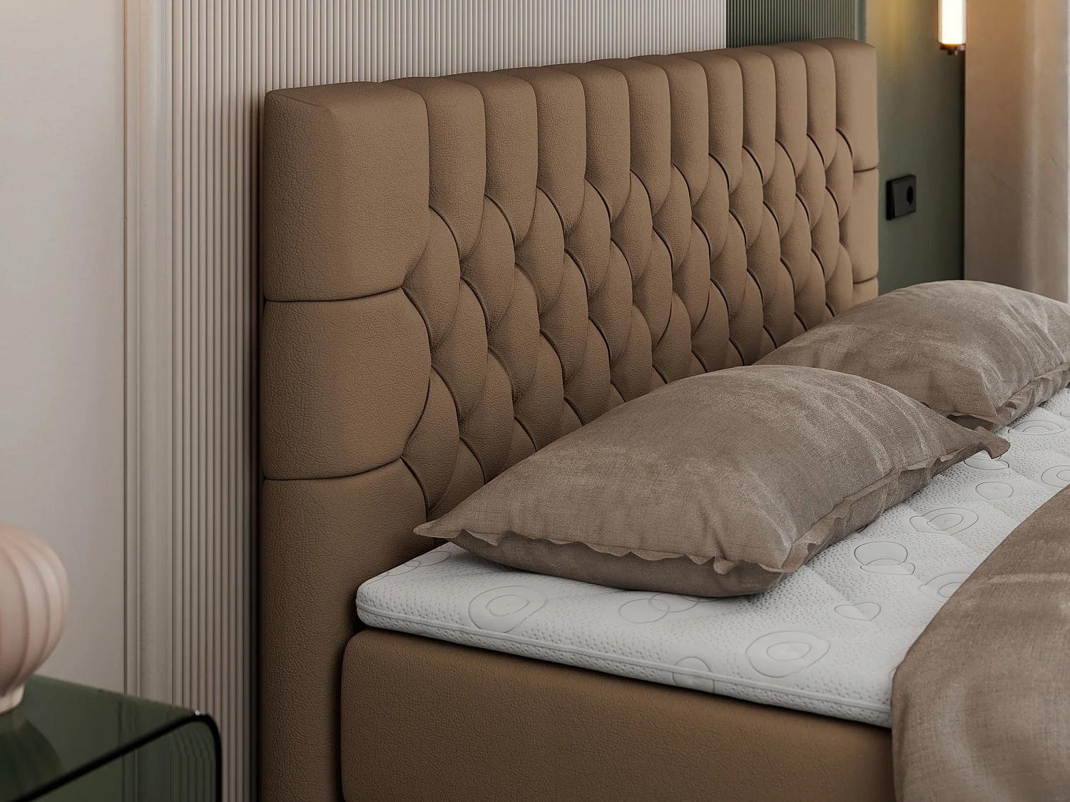 Boxspringbett PERA - gesteppte Kopfstütze, Multipocket-Matratze und Topper, Doppelbett mit Stauraum - 160x200 cm - H4 - Braun Kunstleder