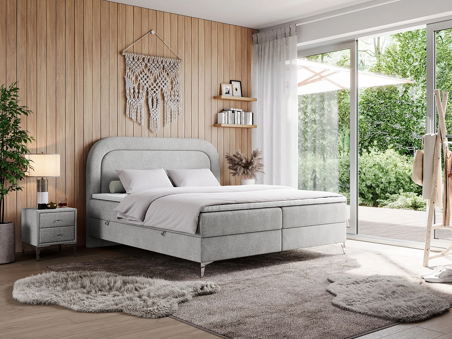 Boxspringbett EIRA - Polsterbett mit Stauraum, Set mit Kopfteil und Multipocket-Matratze, Metallbeine - 120x200 cm - H4 - Hellgrau Strukture