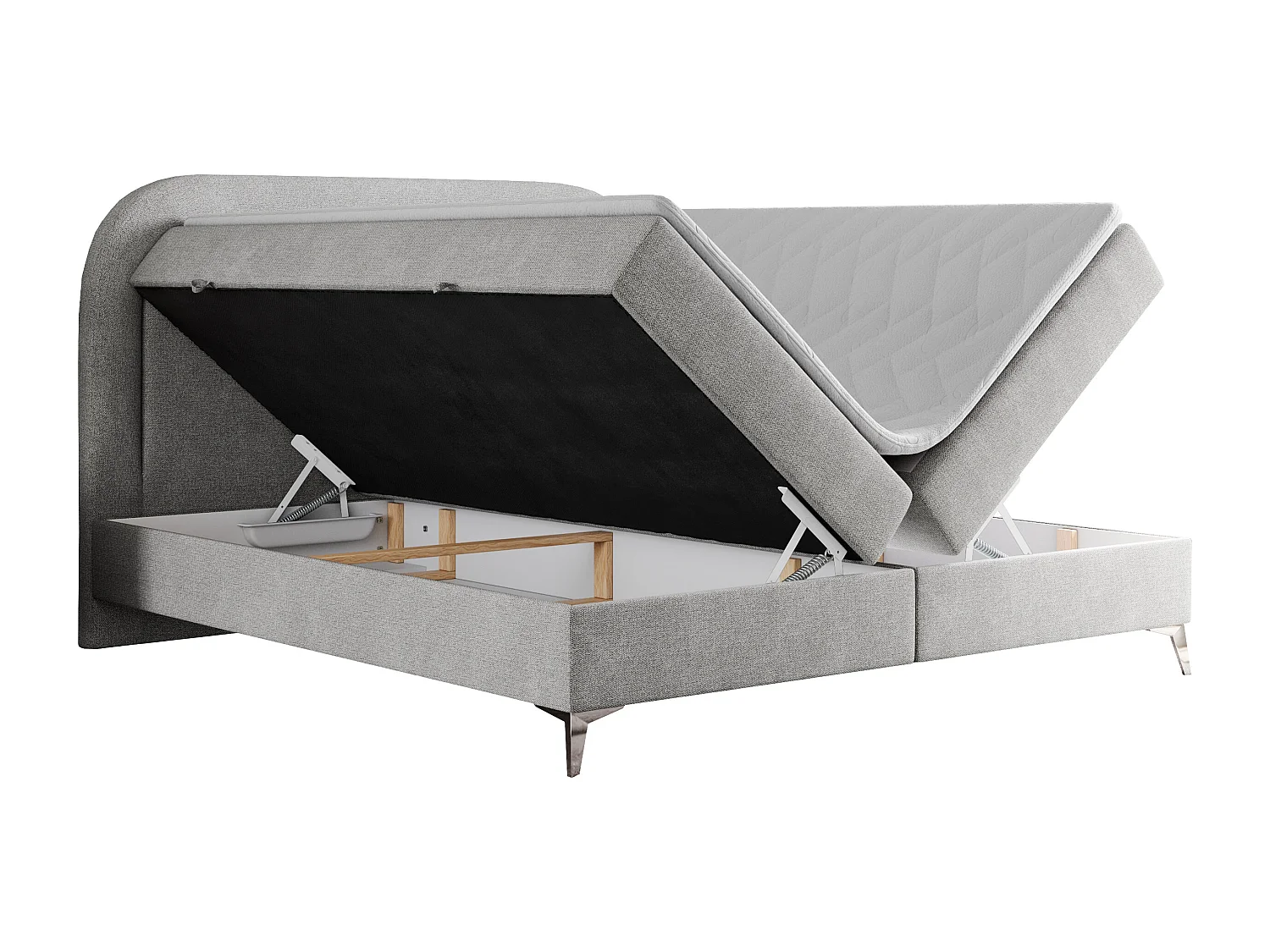Boxspringbett EIRA - Polsterbett mit Stauraum, Set mit Kopfteil und Multipocket-Matratze, Metallbeine - 120x200 cm - H4 - Hellgrau Strukture