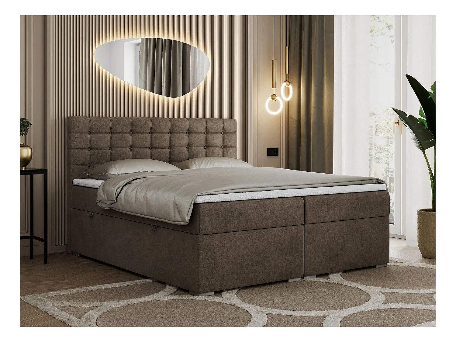 Boxspringbett SUSAN - mit gestepptem Kopfteil, zwei Bettkästen und Topper, gepolstertes Schlafzimmerbett - 200x200 cm - H4 - Braun Velvet