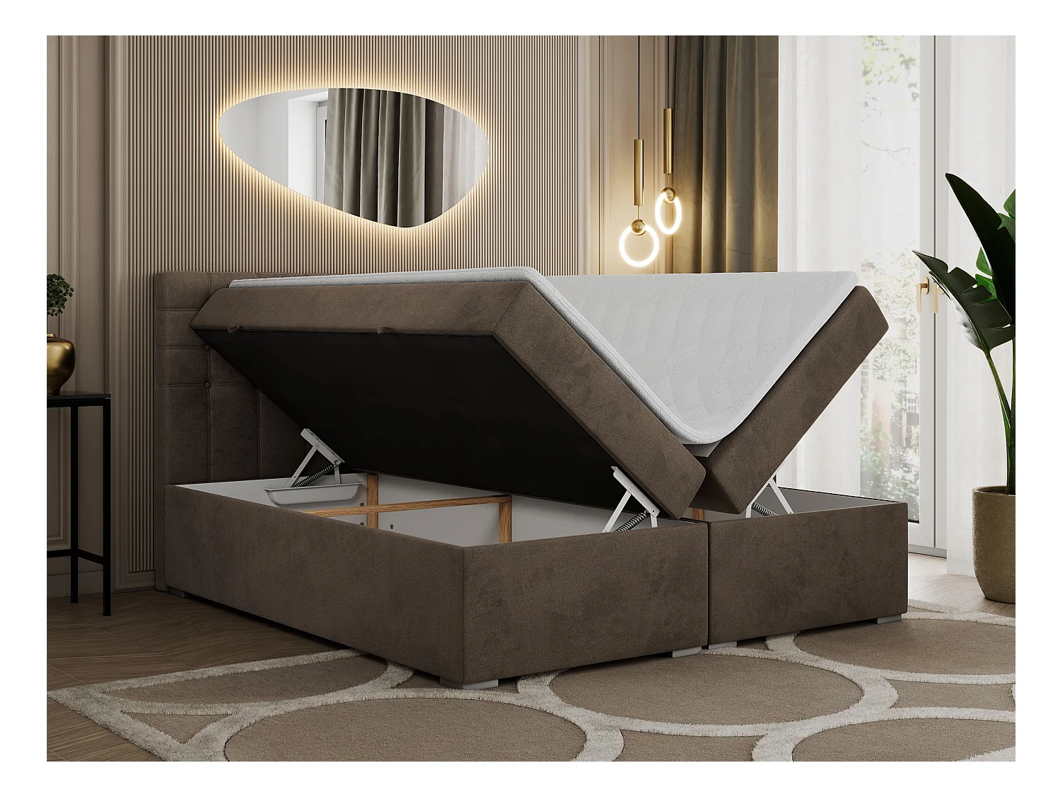 Boxspringbett SUSAN - mit gestepptem Kopfteil, zwei Bettkästen und Topper, gepolstertes Schlafzimmerbett - 200x200 cm - H4 - Braun Velvet