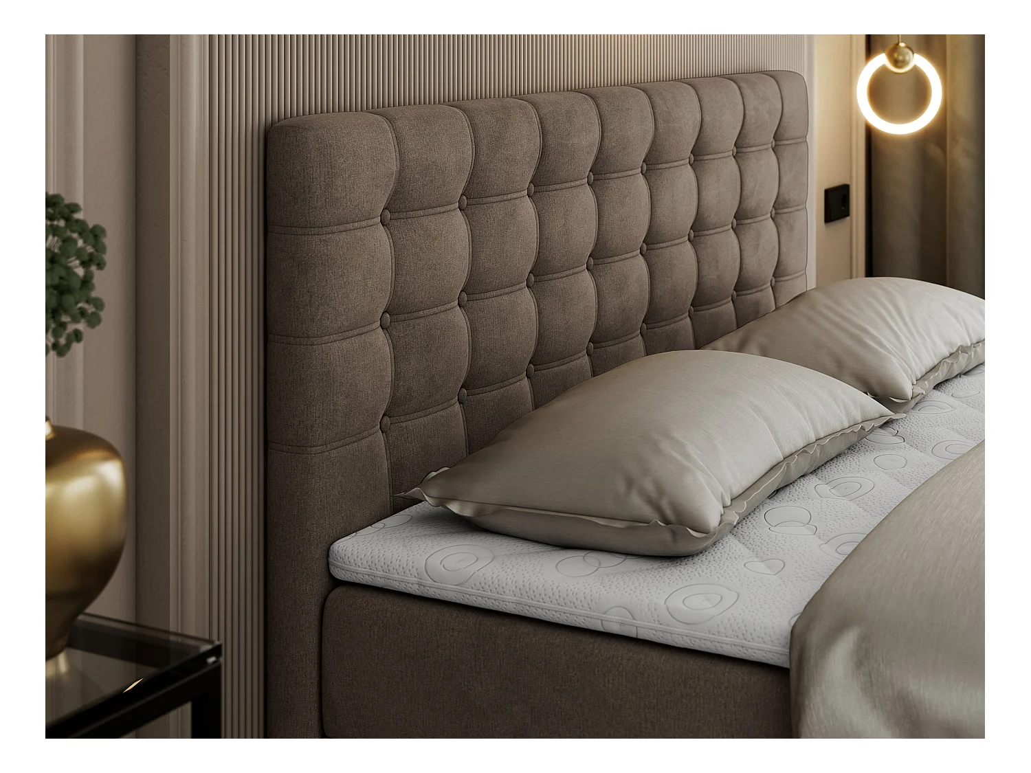 Boxspringbett SUSAN - mit gestepptem Kopfteil, zwei Bettkästen und Topper, gepolstertes Schlafzimmerbett - 200x200 cm - H4 - Braun Velvet