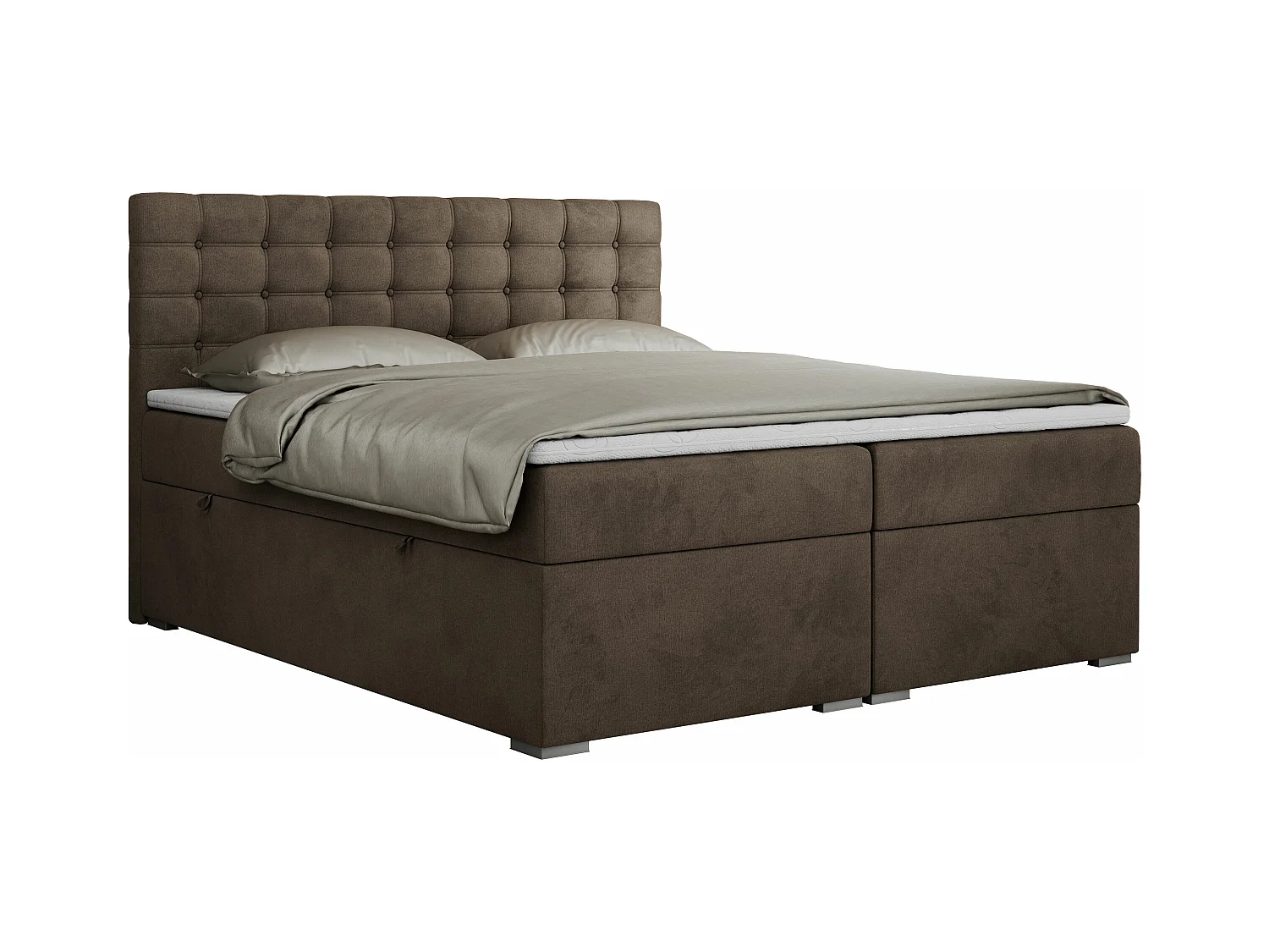 Boxspringbett SUSAN - mit gestepptem Kopfteil, zwei Bettkästen und Topper, gepolstertes Schlafzimmerbett - 200x200 cm - H4 - Braun Velvet